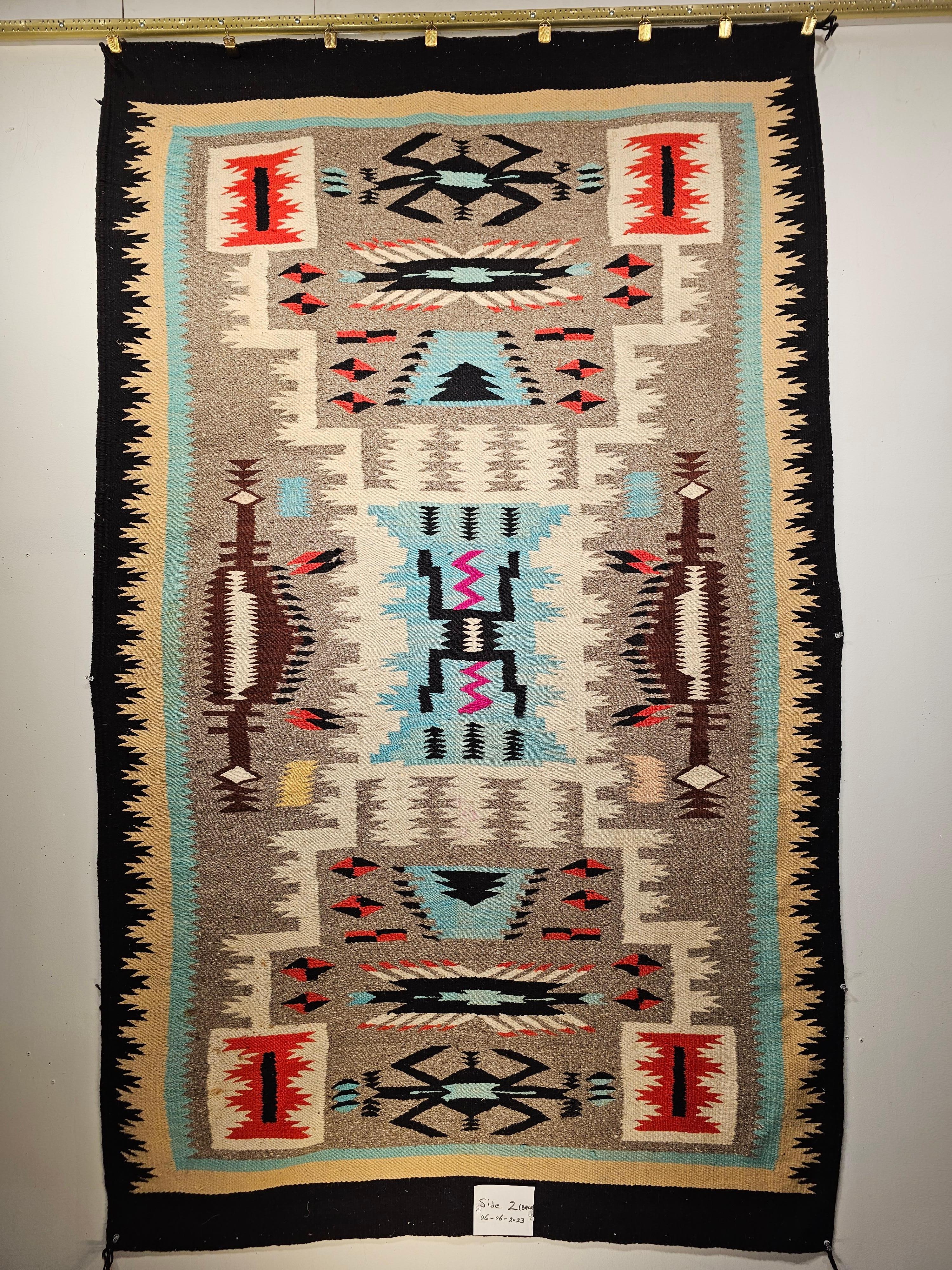 Vintage American Navajo Rug in Storm Warrior Design in turquoise, Pink, Magenta For Sale 6