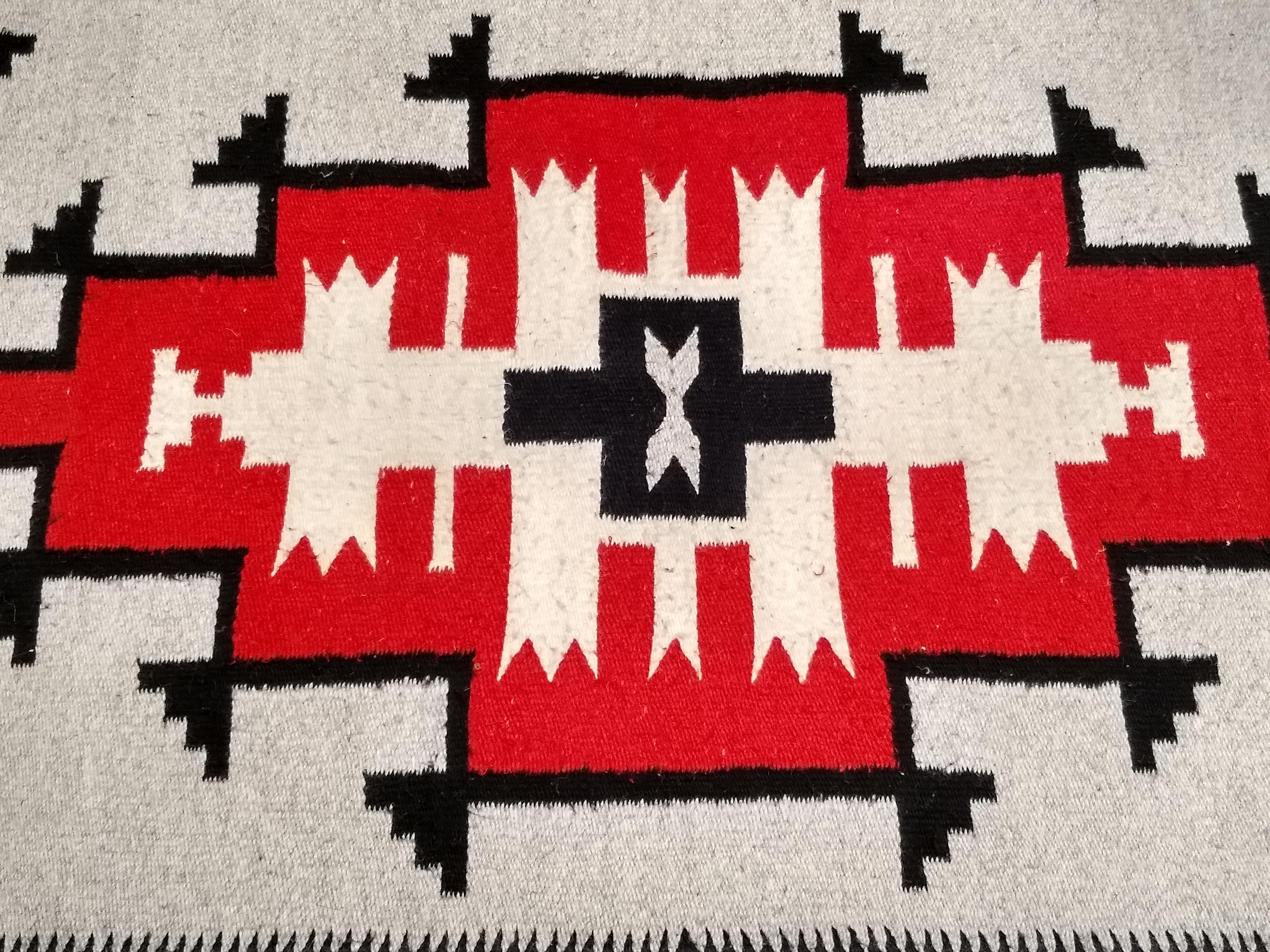 Vintage Native American Navajo Rug in Brilliant Red, Gray, Ivory, and Black For Sale 3