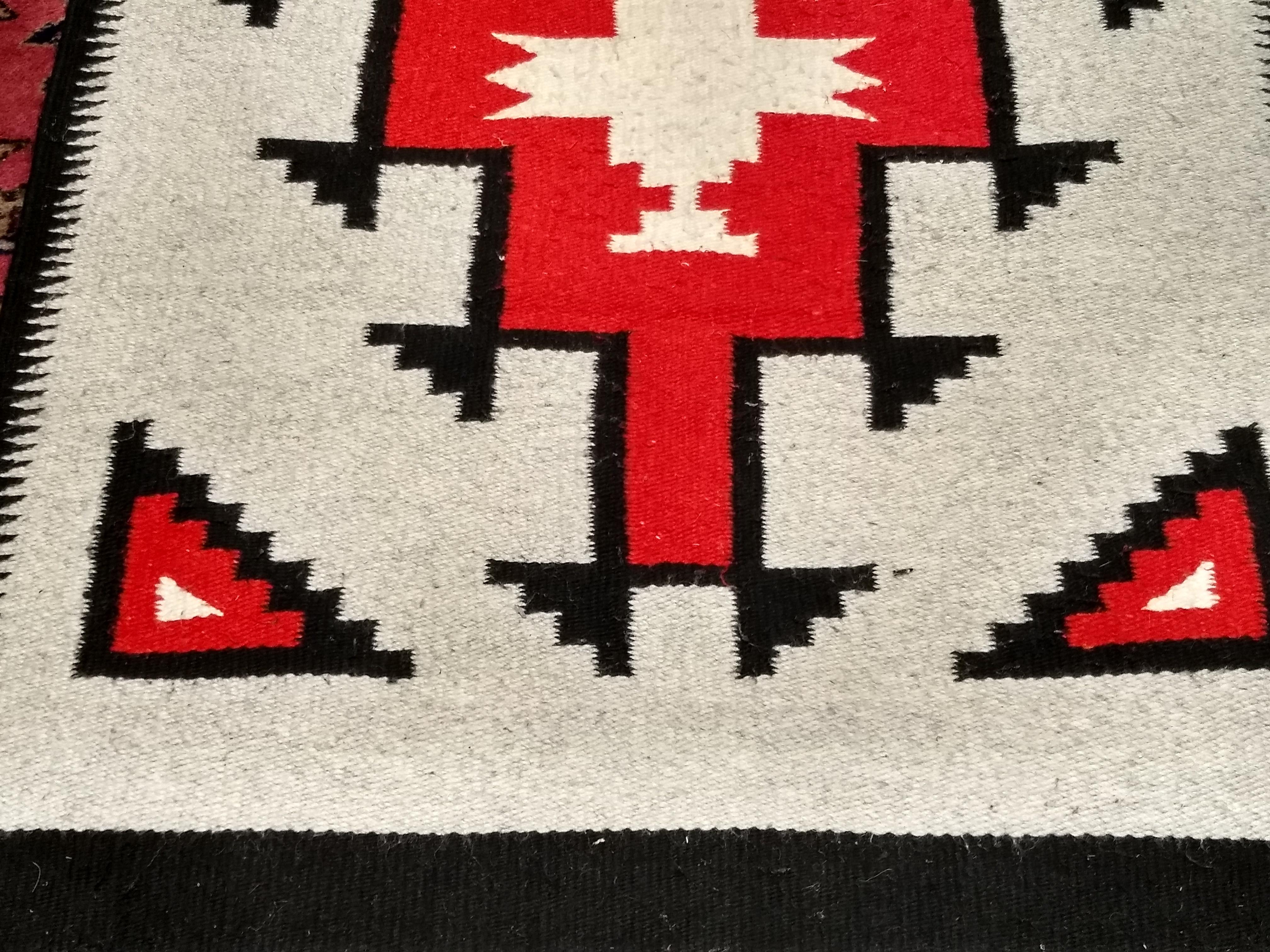 Vintage Native American Navajo Rug in Brilliant Red, Gray, Ivory, and Black For Sale 1