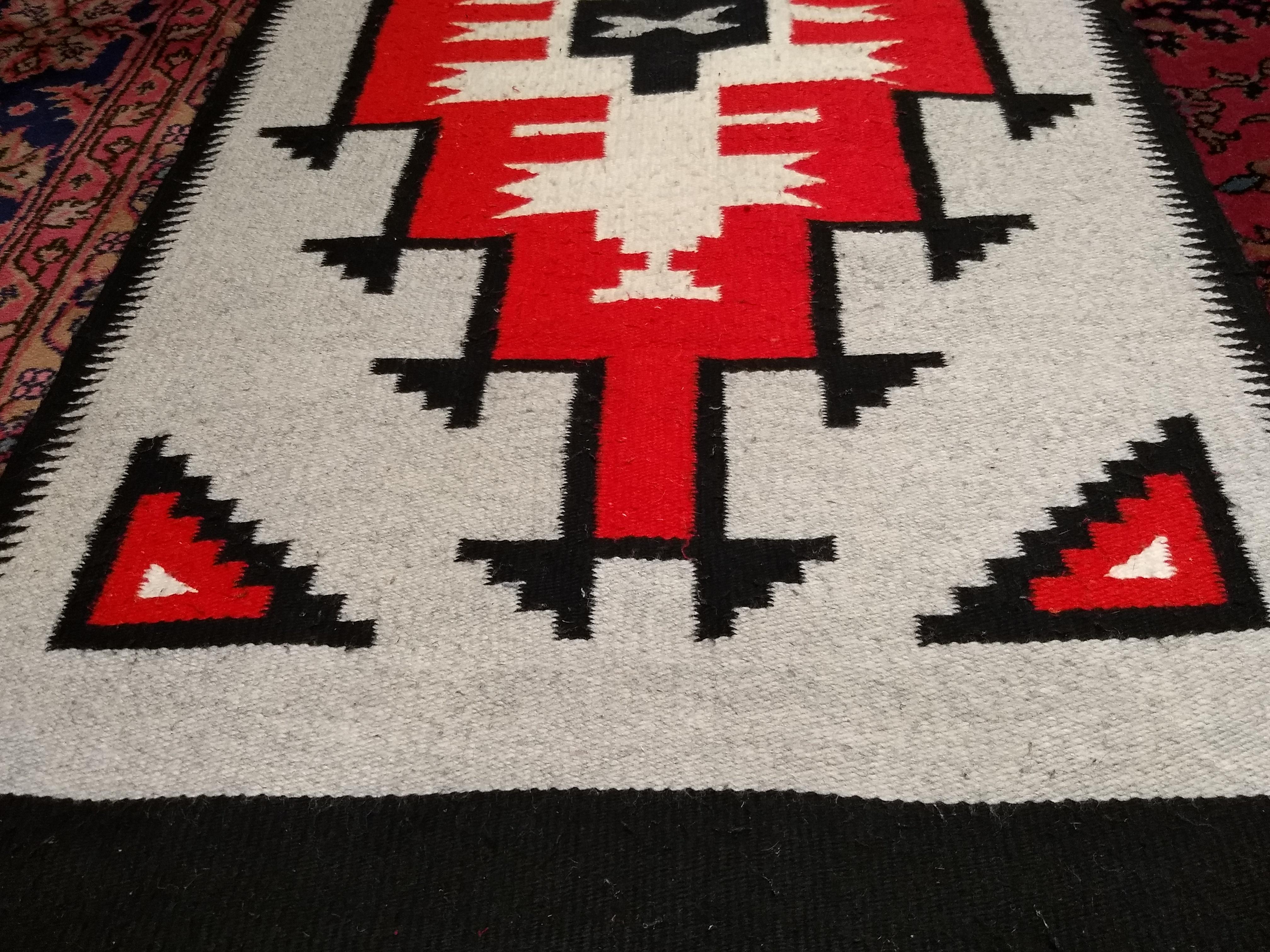 Vintage Native American Navajo Rug in Brilliant Red, Gray, Ivory, and Black For Sale 2