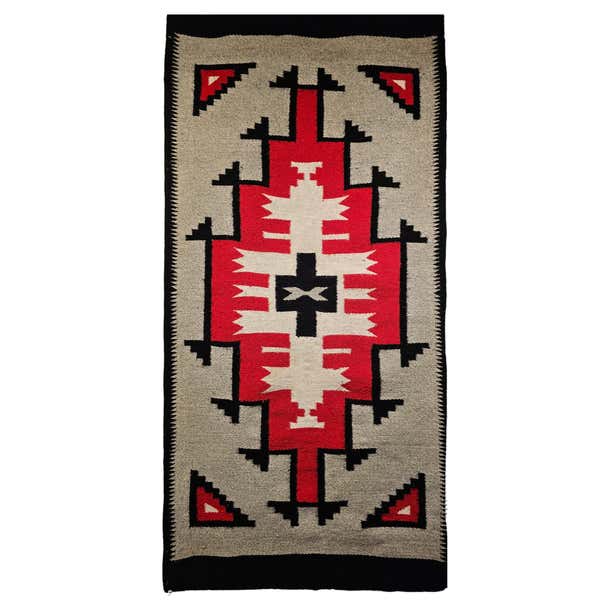 Vintage Native American Navajo Rug in Brilliant Red, Gray, Ivory, and ...