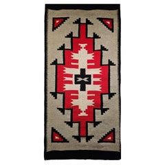 Vintage Native American Navajo Rug in Brilliant Red, Gray, Ivory, and Black