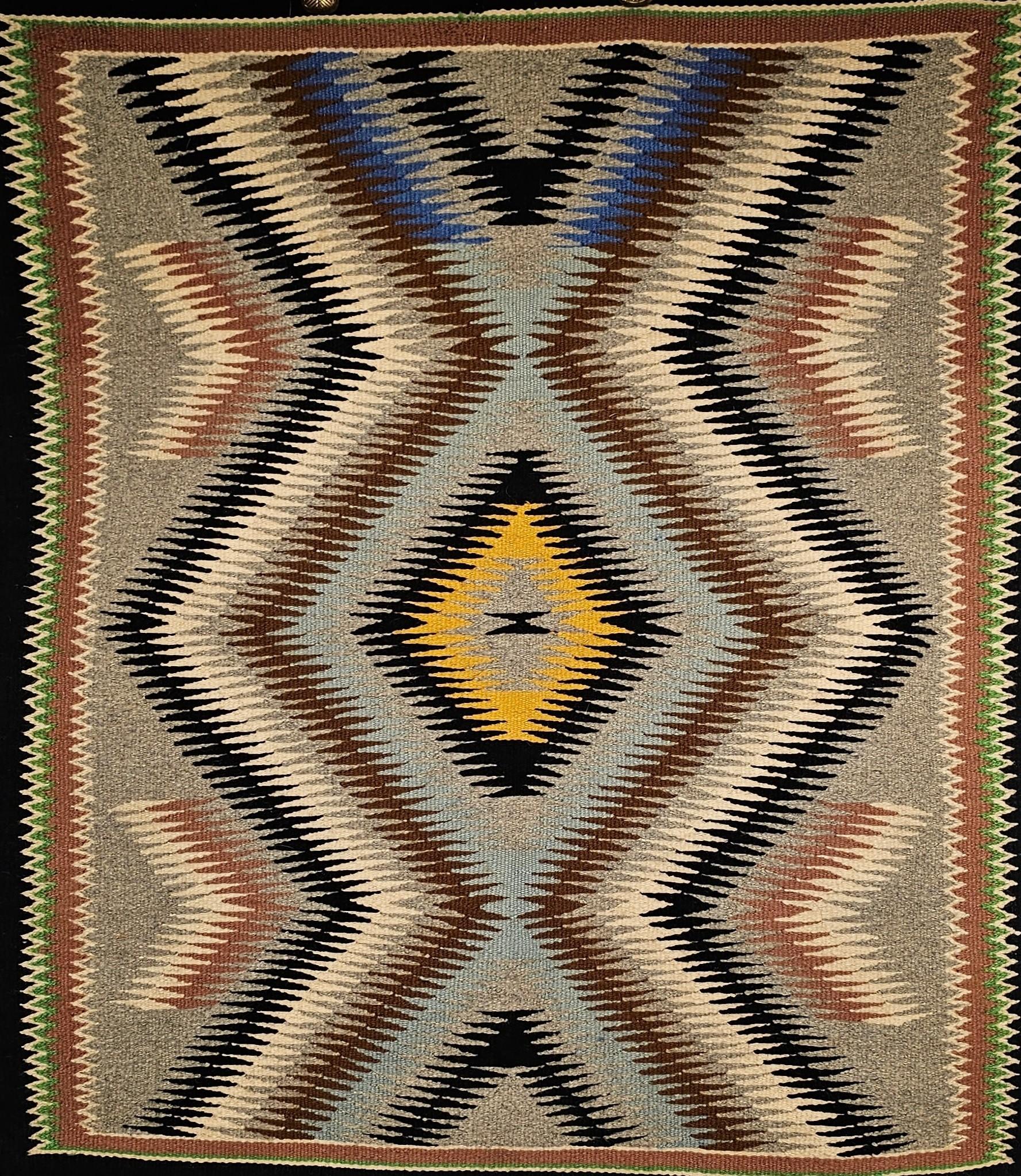 Very fine weave vintage Native American Navajo rug is in an “Eye Dazzler” pattern from the mid 1900s.  The natural colors in this Navajo rug are in beautiful earth tones including brown, black, and gray.    Navajo weavers use natural organic dyes