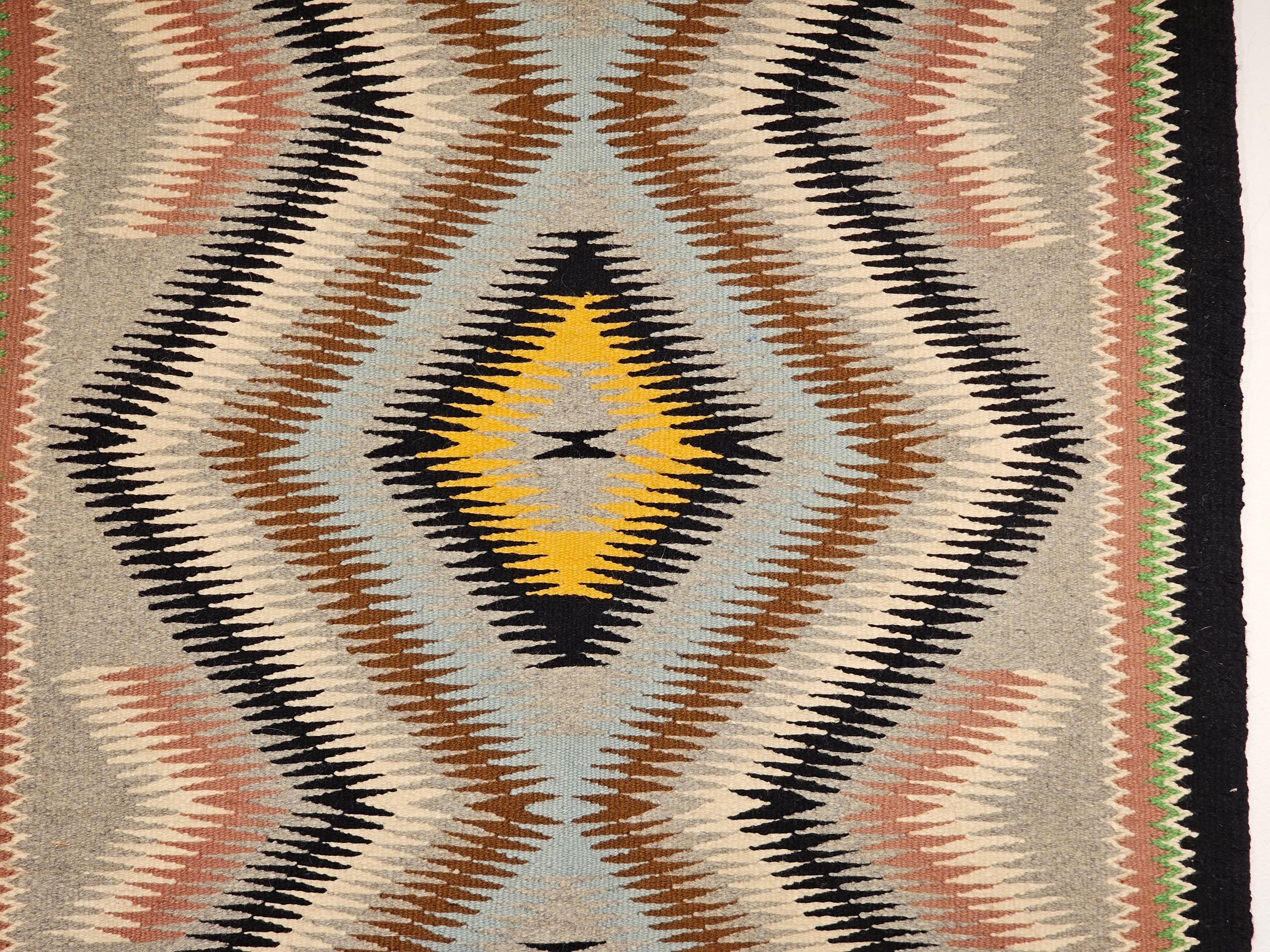 Saint Pierre and Miquelon Vintage Native American Navajo Rug in Eye Dazzler Pattern in Grey, Brown, Black For Sale