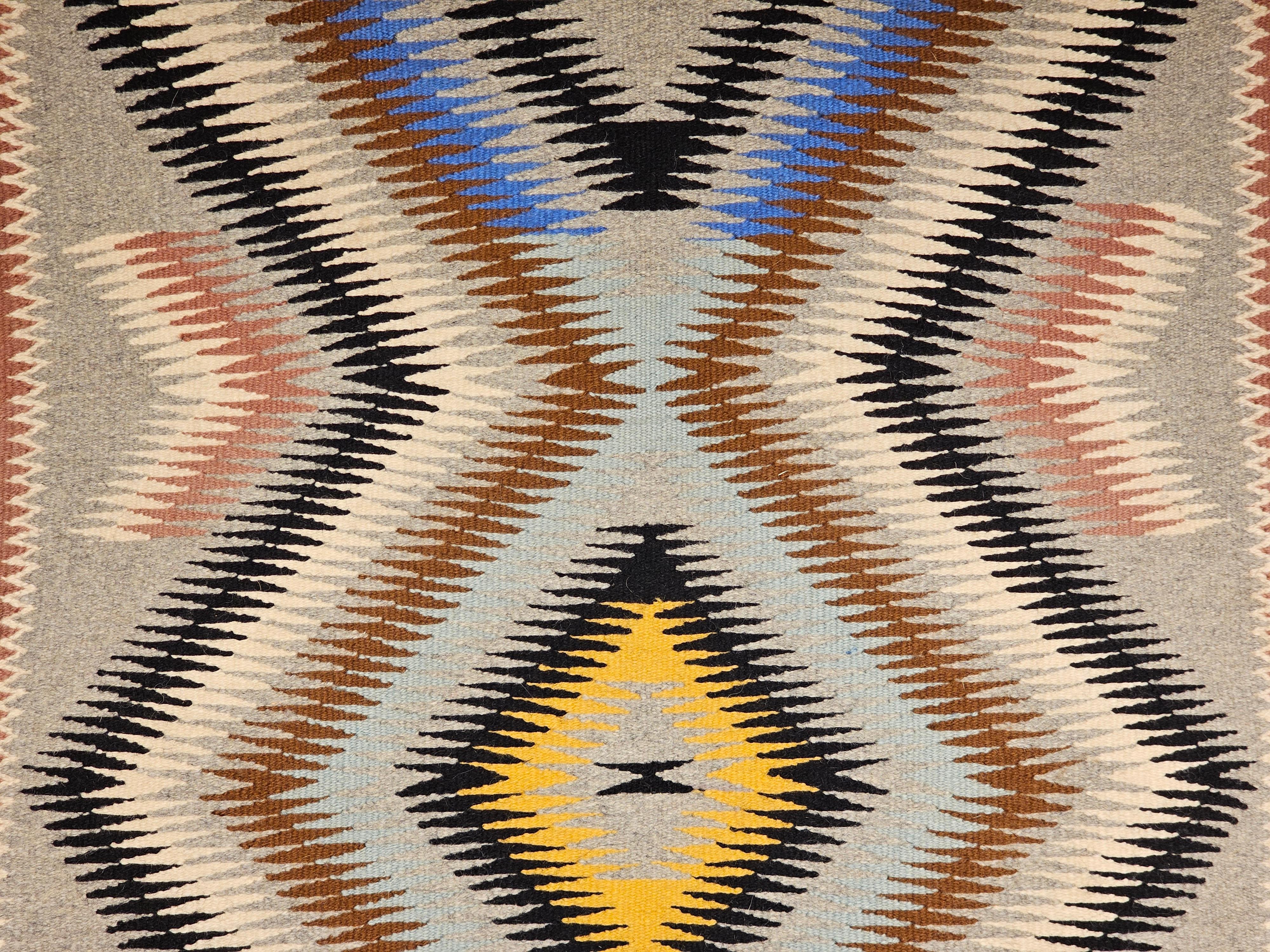 Hand-Woven Vintage Native American Navajo Rug in Eye Dazzler Pattern in Grey, Brown, Black For Sale
