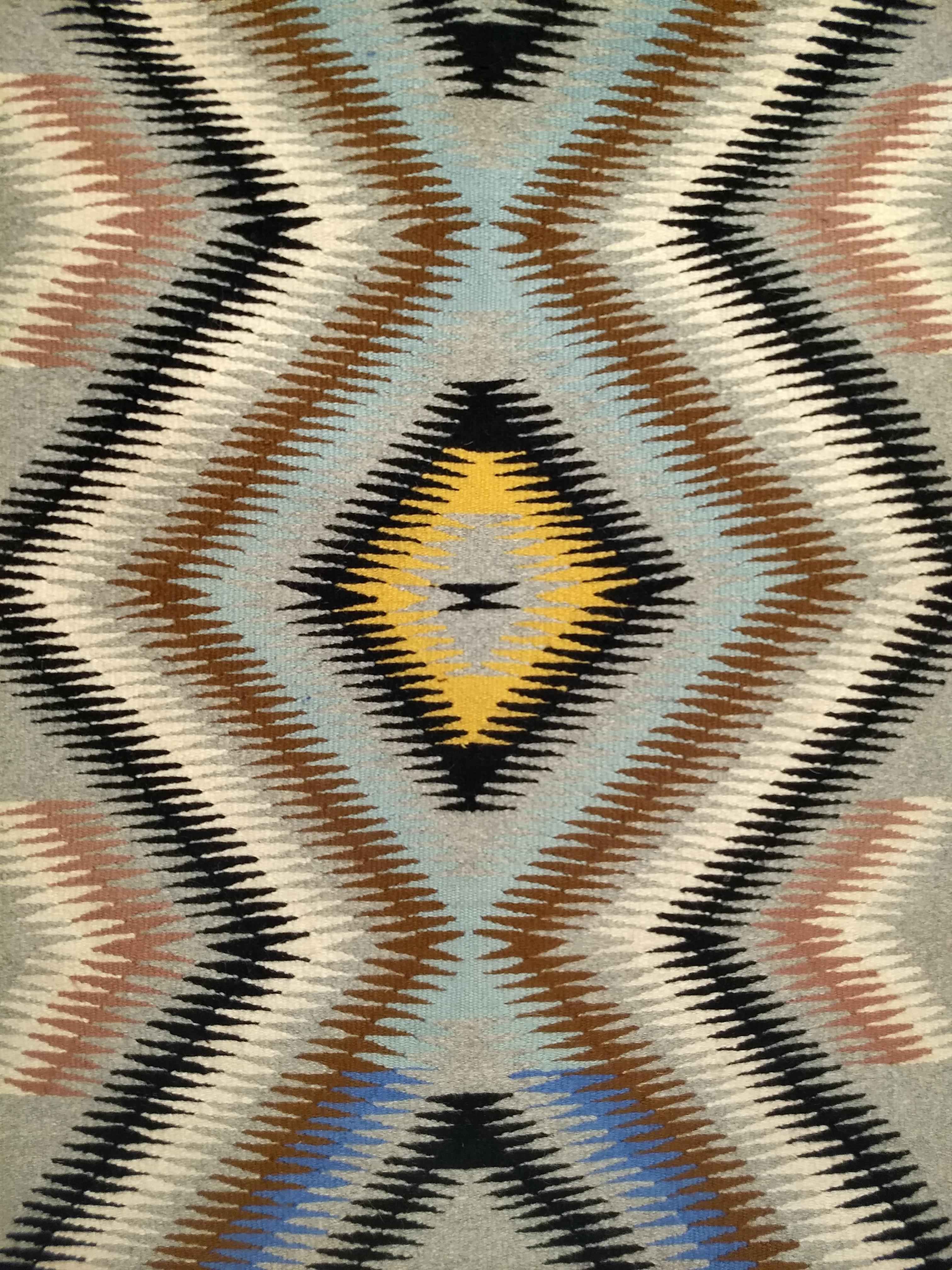Vintage Native American Navajo Rug in Eye Dazzler Pattern in Grey, Brown, Black For Sale 1