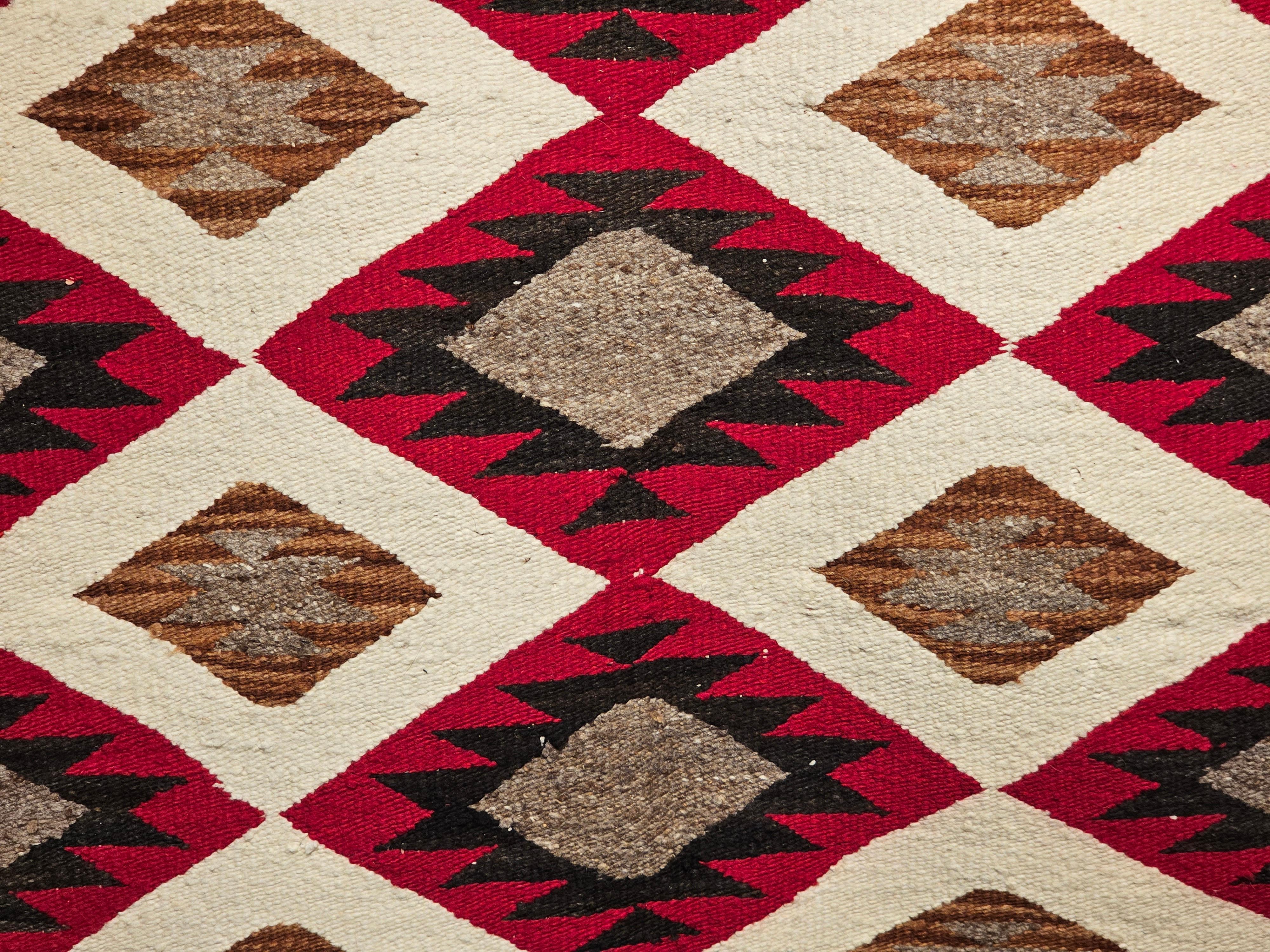Wool Vintage American Navajo Rug in Eye Dazzler Pattern in Red, Ivory, Gray, Black For Sale