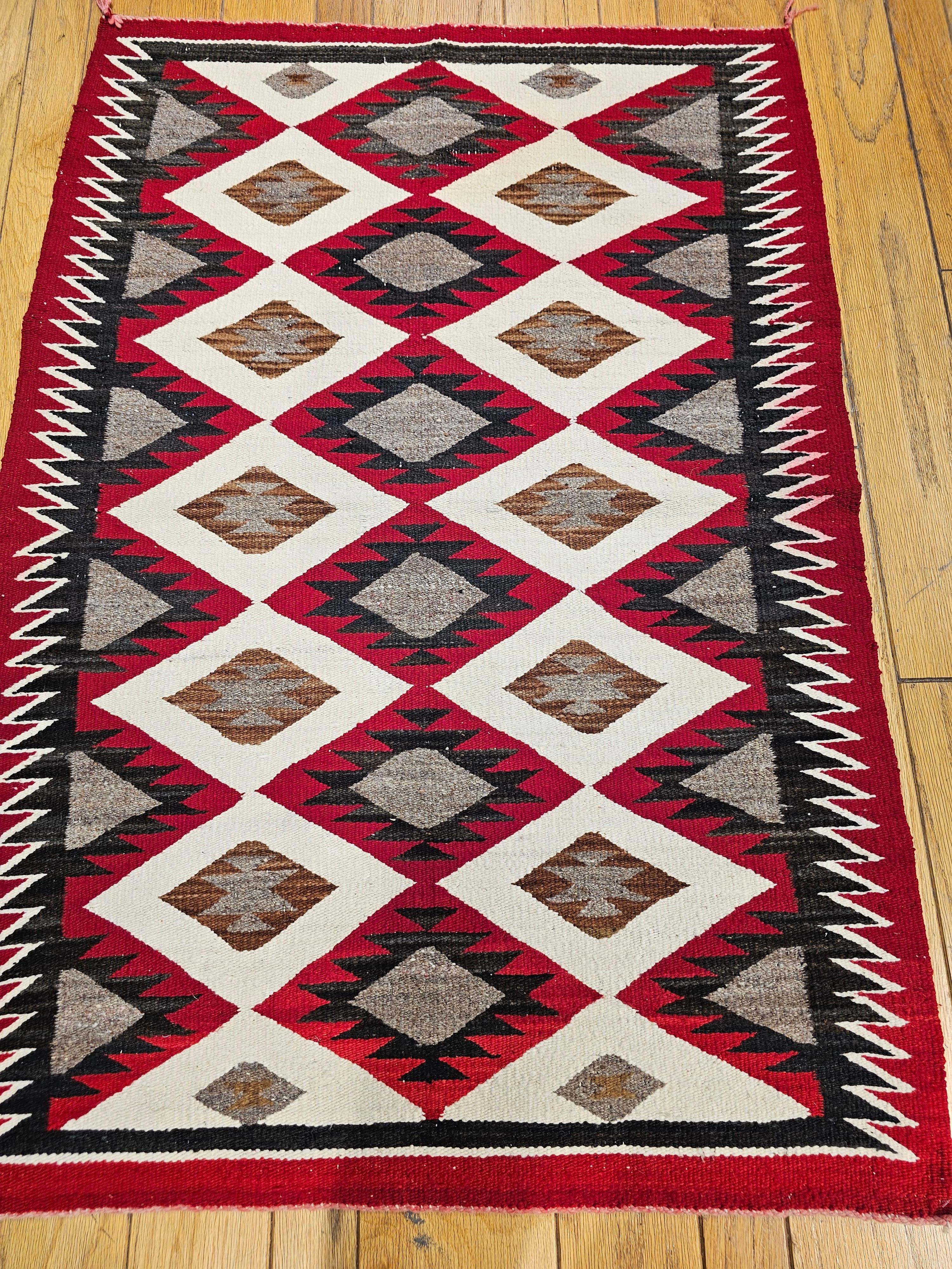 Vintage American Navajo Rug in Eye Dazzler Pattern in Red, Ivory, Gray, Black For Sale 2