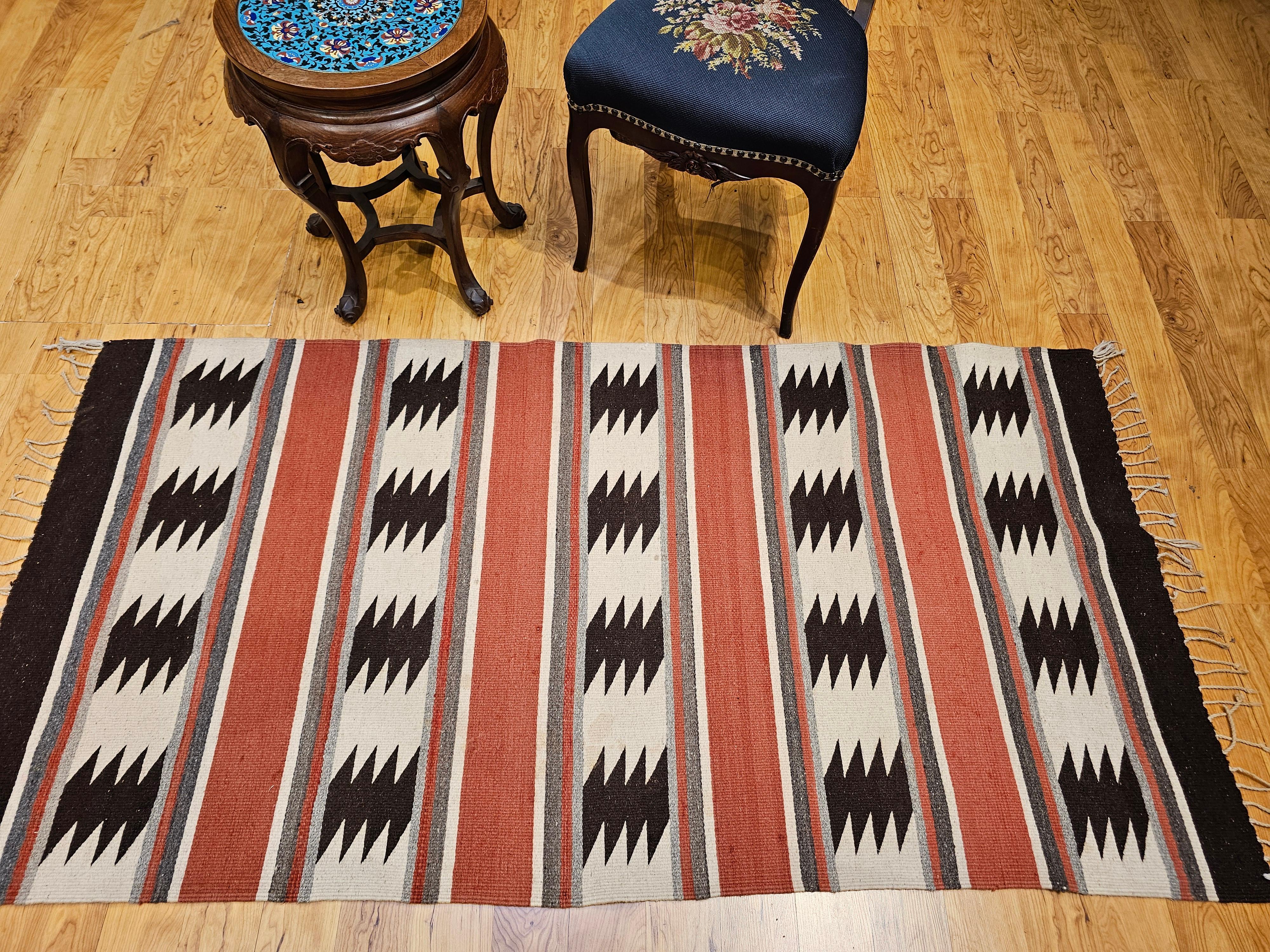 Vintage Native American Navajo Area Rug in Brick Red, Brown, Gray & Ivory For Sale 4