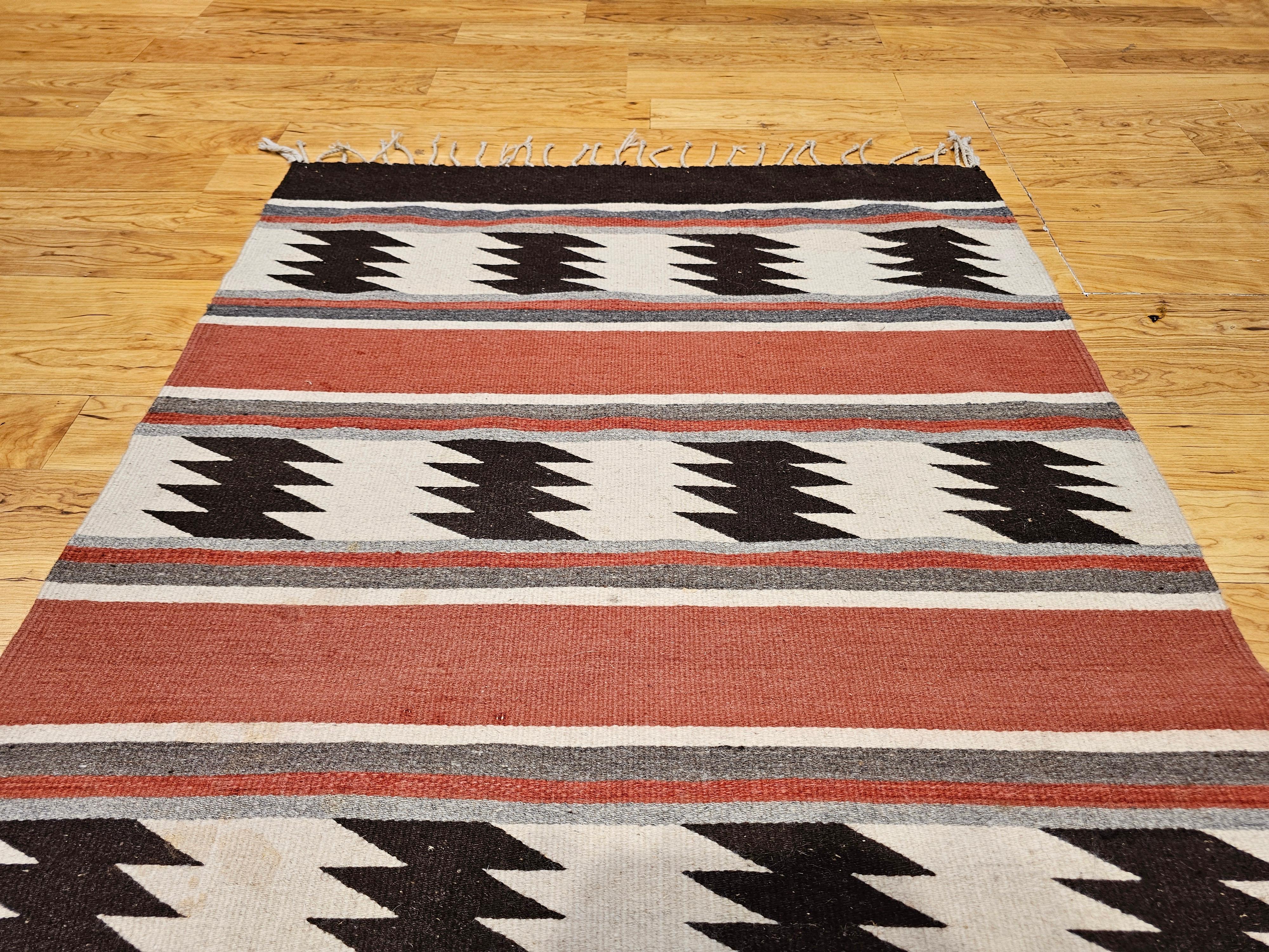 Hand-Woven Vintage Native American Navajo Area Rug in Brick Red, Brown, Gray & Ivory For Sale