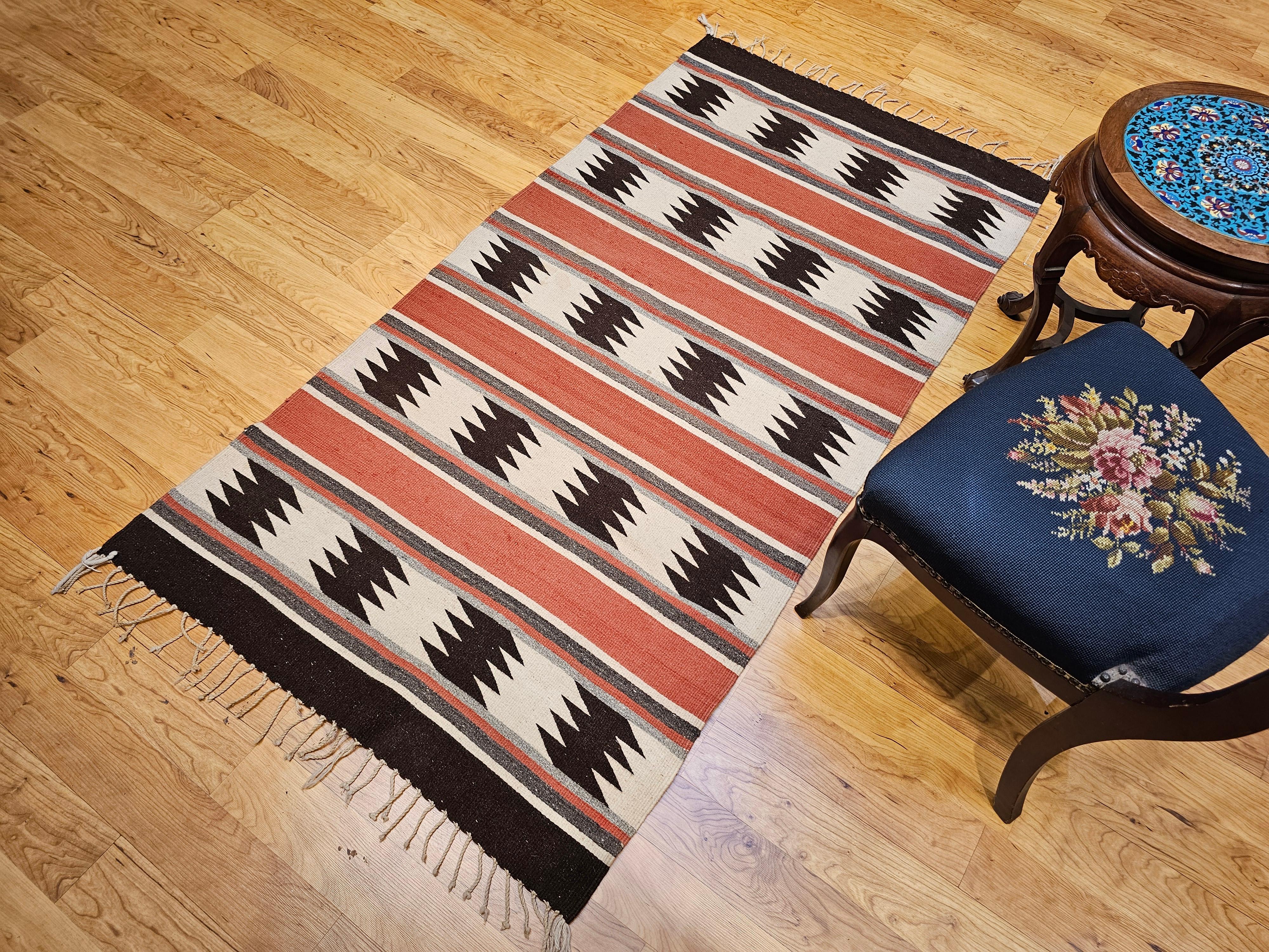 Vintage Native American Navajo Area Rug in Brick Red, Brown, Gray & Ivory For Sale 3