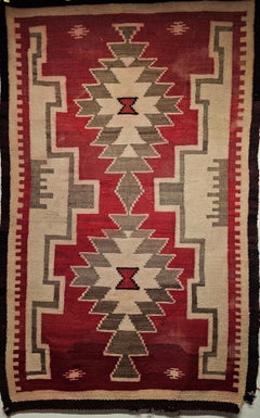 Vintage Native American Navajo Ganado Rug in Ivory. Burgundy, Green Colors