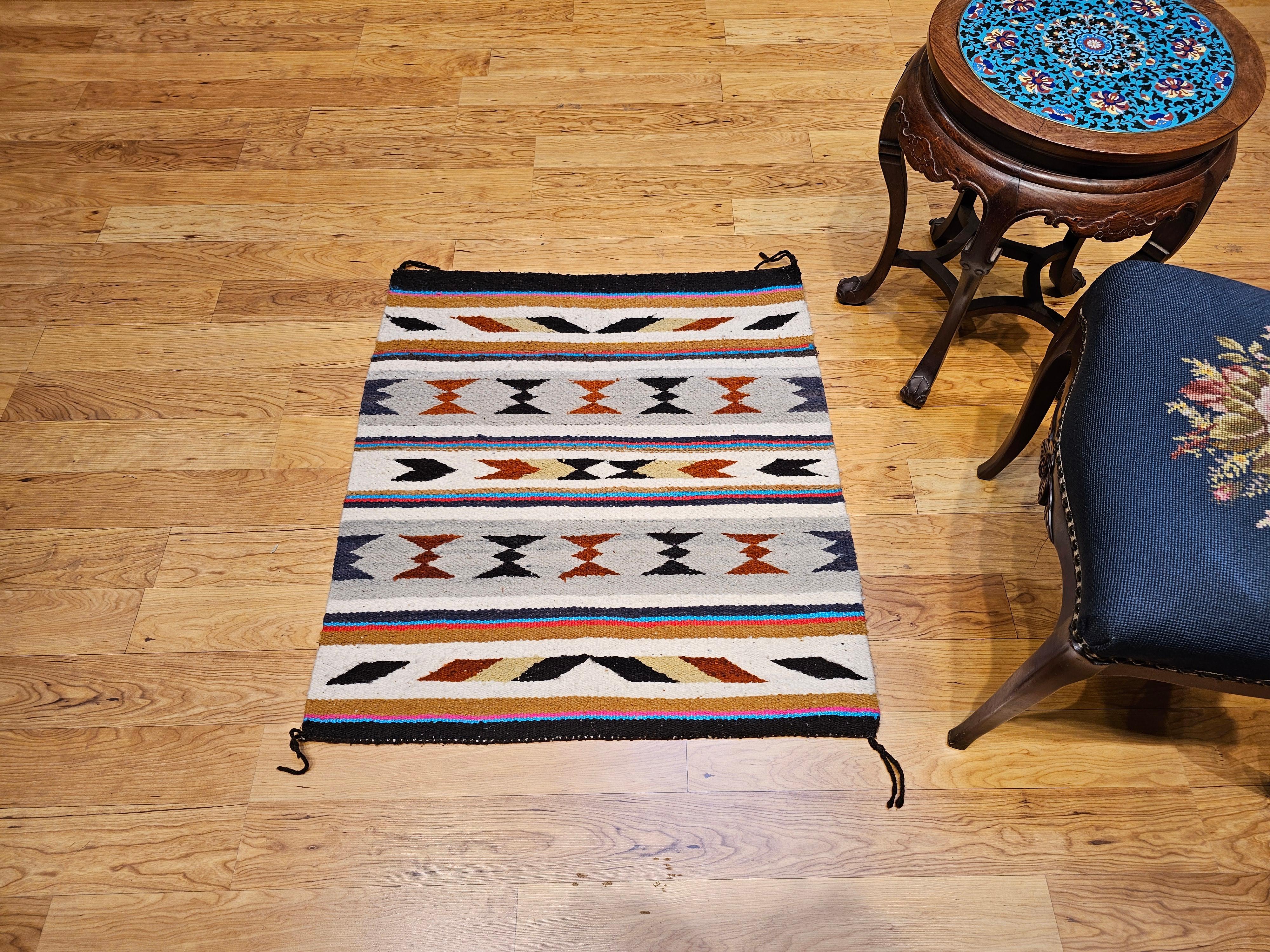 Vintage American Navajo Saddle Blanket in Stripe Pattern in Ivory, Brown, Red For Sale 2