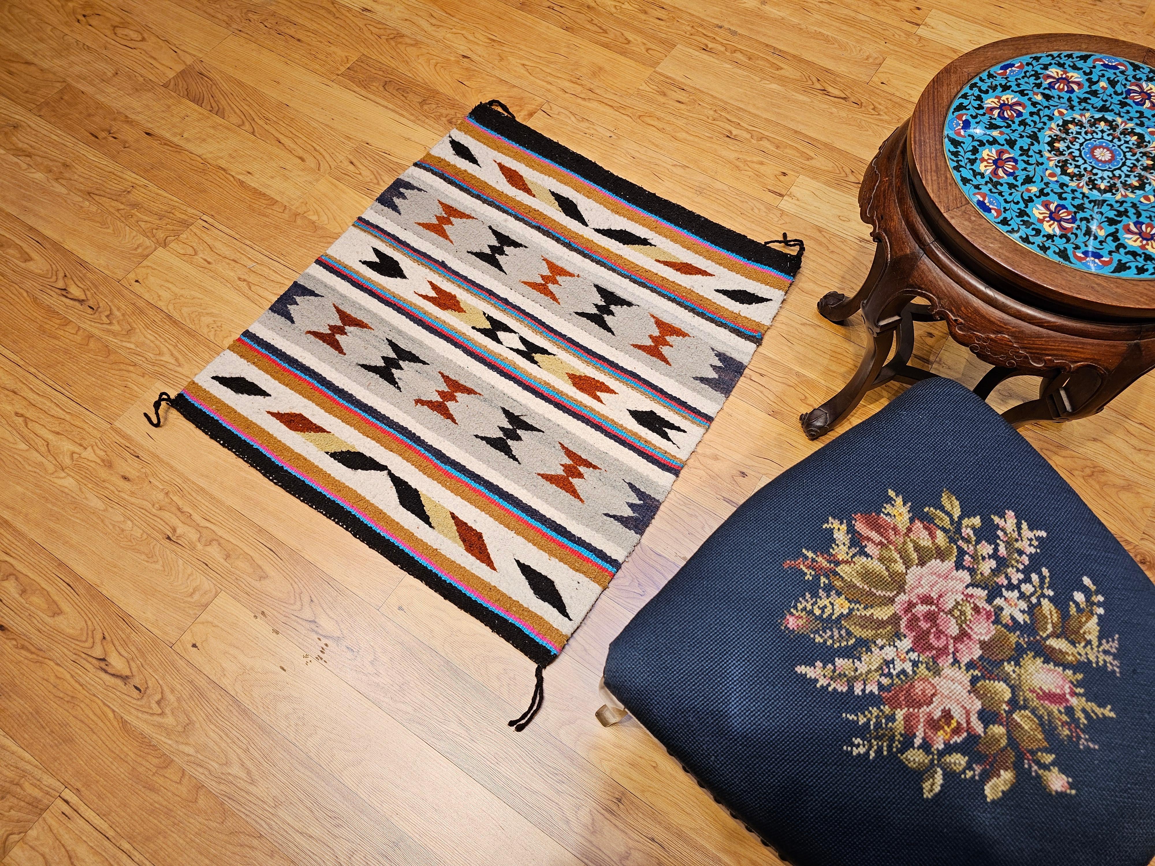 Vintage American Navajo Saddle Blanket in Stripe Pattern in Ivory, Brown, Red For Sale 3
