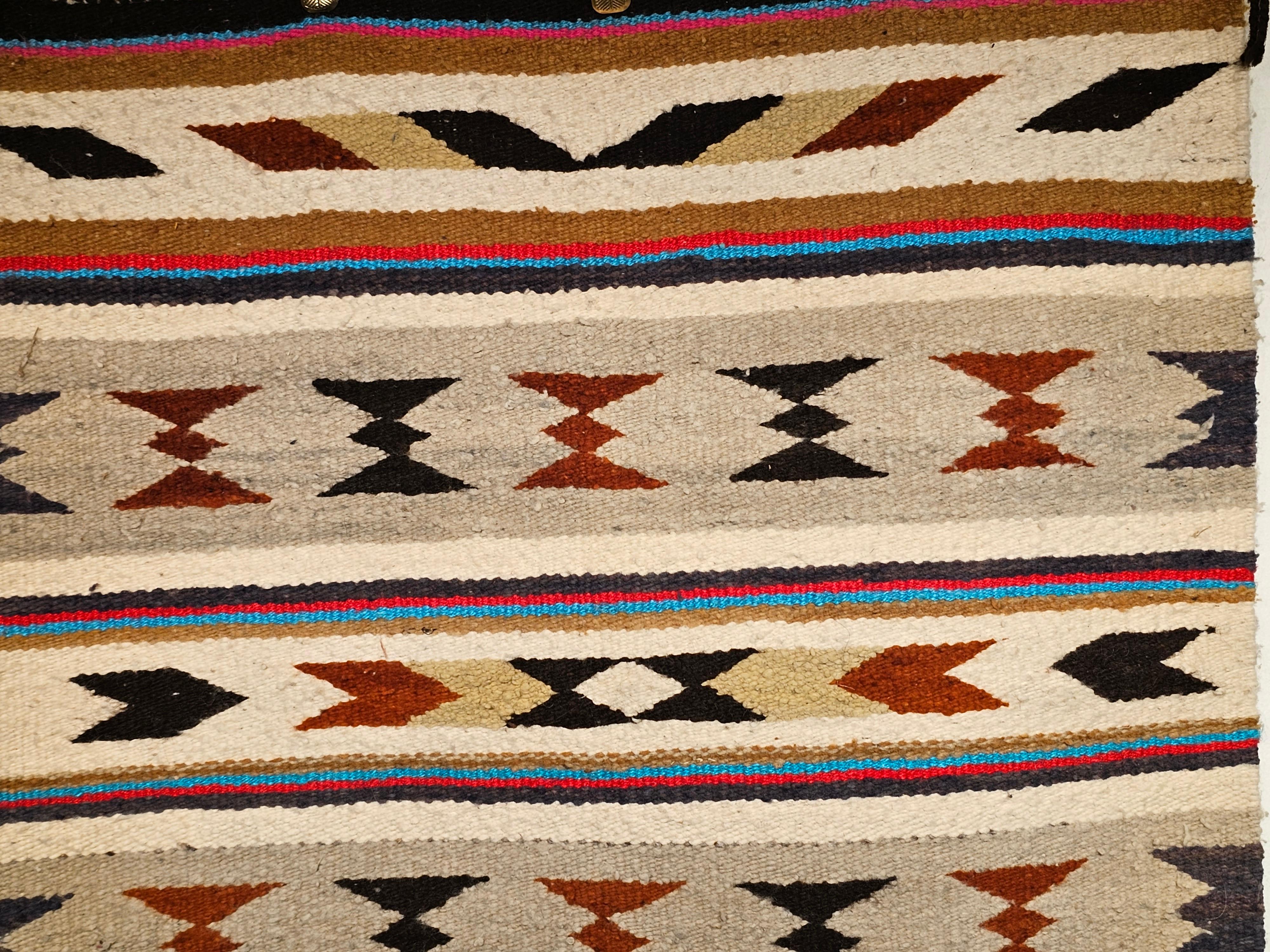 Hand-Woven Vintage American Navajo Saddle Blanket in Stripe Pattern in Ivory, Brown, Red For Sale