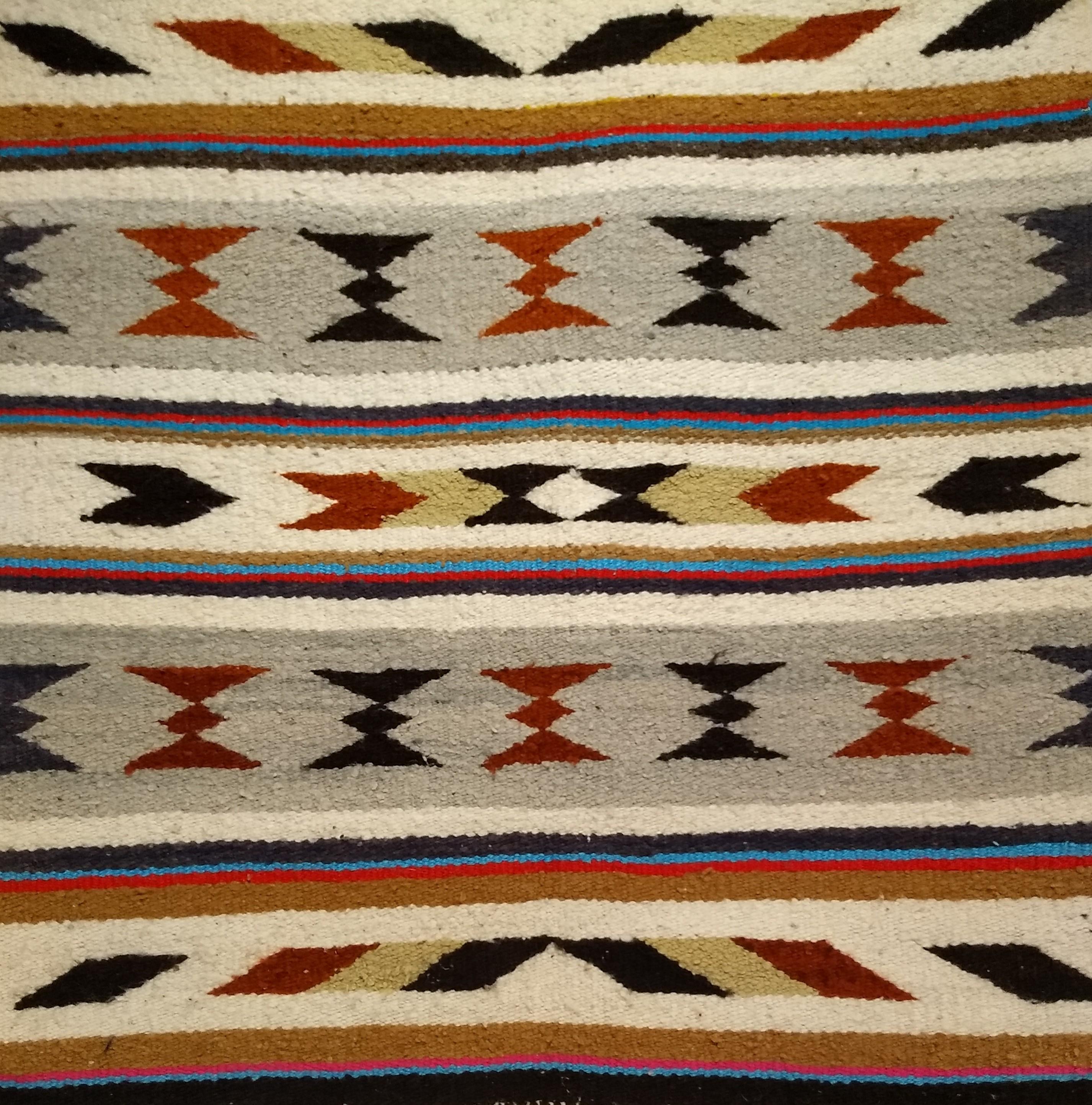 Vintage American Navajo Saddle Blanket in Stripe Pattern in Ivory, Brown, Red In Good Condition For Sale In Barrington, IL