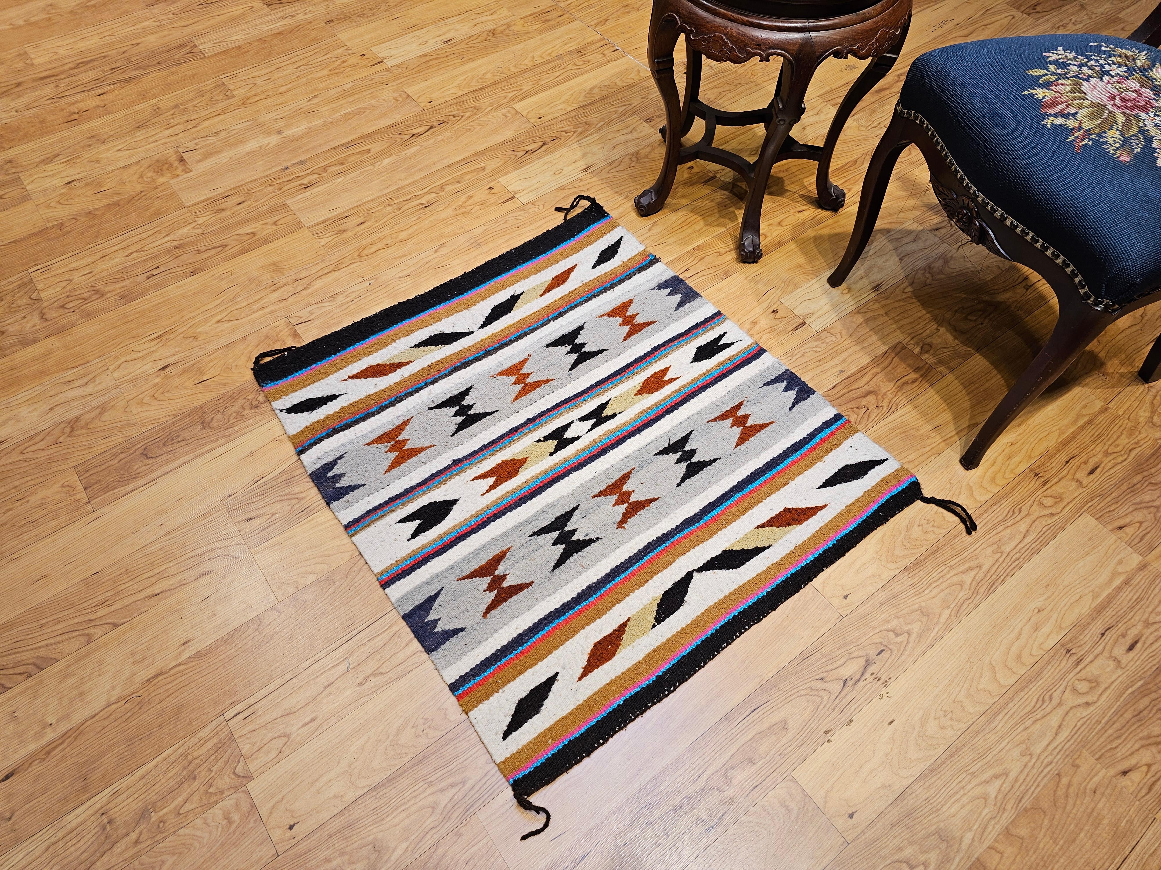 Vintage American Navajo Saddle Blanket in Stripe Pattern in Ivory, Brown, Red For Sale 1