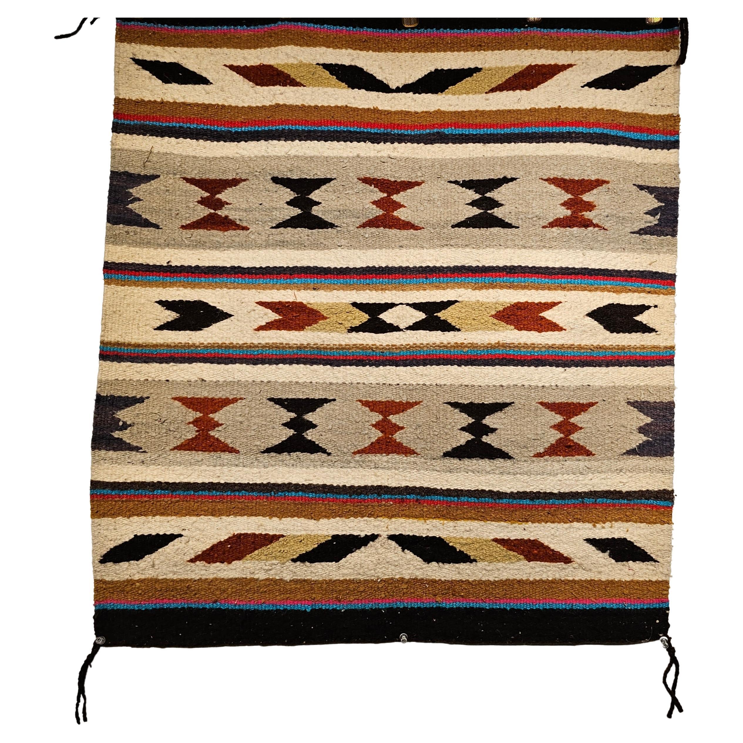 Vintage American Navajo Saddle Blanket in Stripe Pattern in Ivory, Brown, Red For Sale