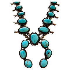 Vintage Native American Navajo Silver and Turquoise Squash Blossom Necklace