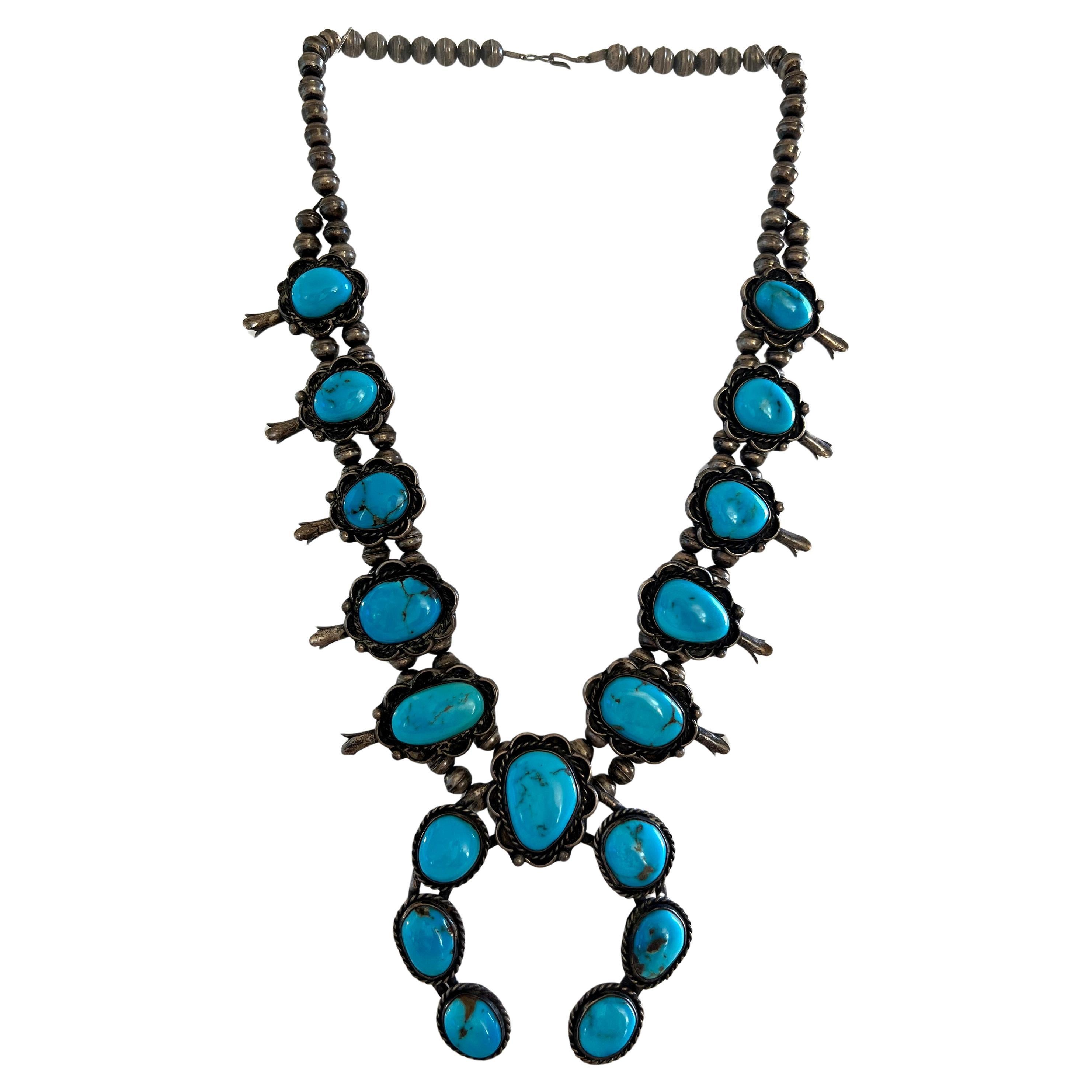 Vintage Native American Navajo Silver and Turquoise Squash Blossom Necklace