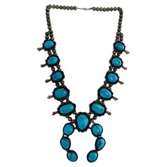 Vintage Native American Navajo Silver and Turquoise Squash Blossom Necklace