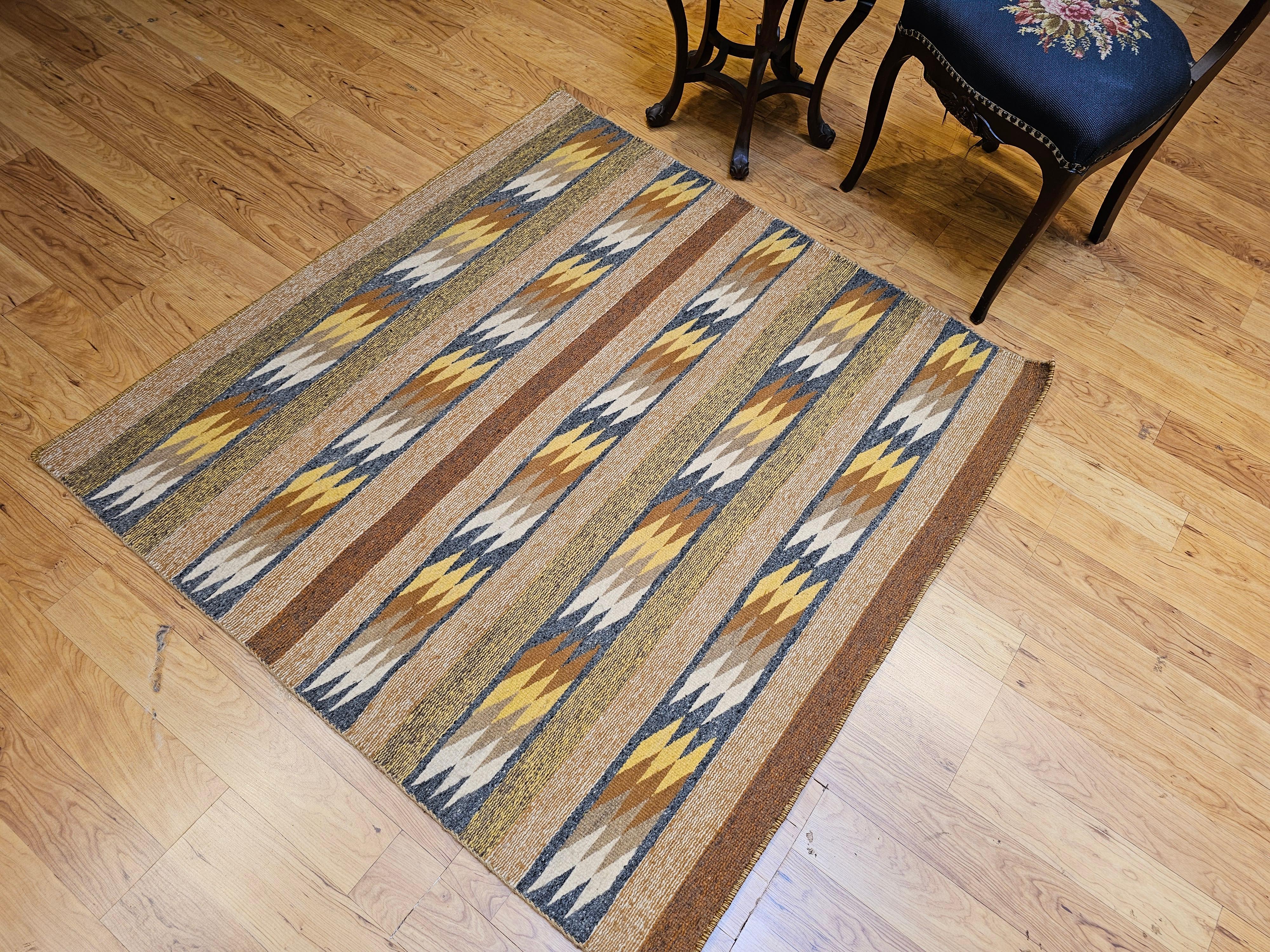 Vintage Native American Navajo Square Rug in Ivory, Yellow, Rust, Blue, Black For Sale 3