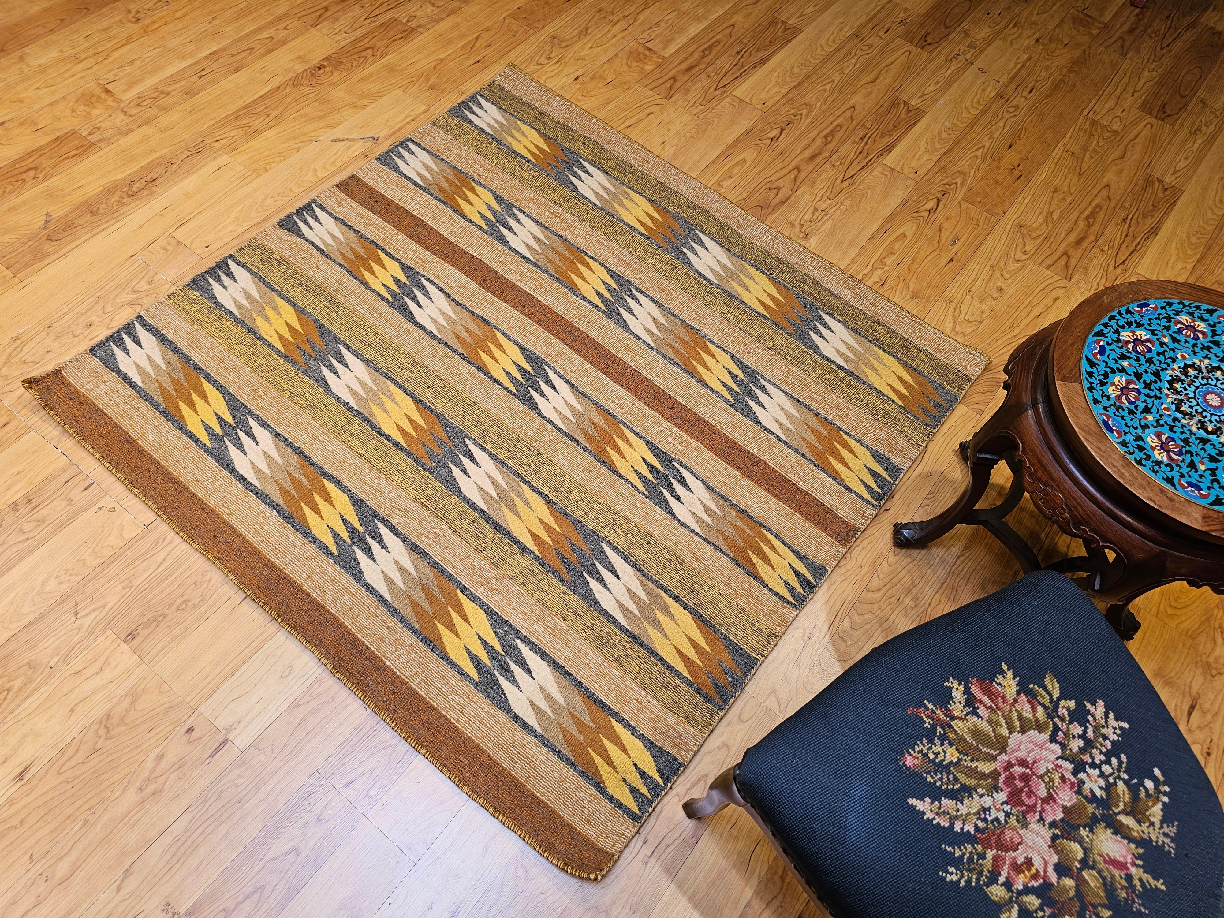 Vintage Native American Navajo Square Rug in Ivory, Yellow, Rust, Blue, Black For Sale 4