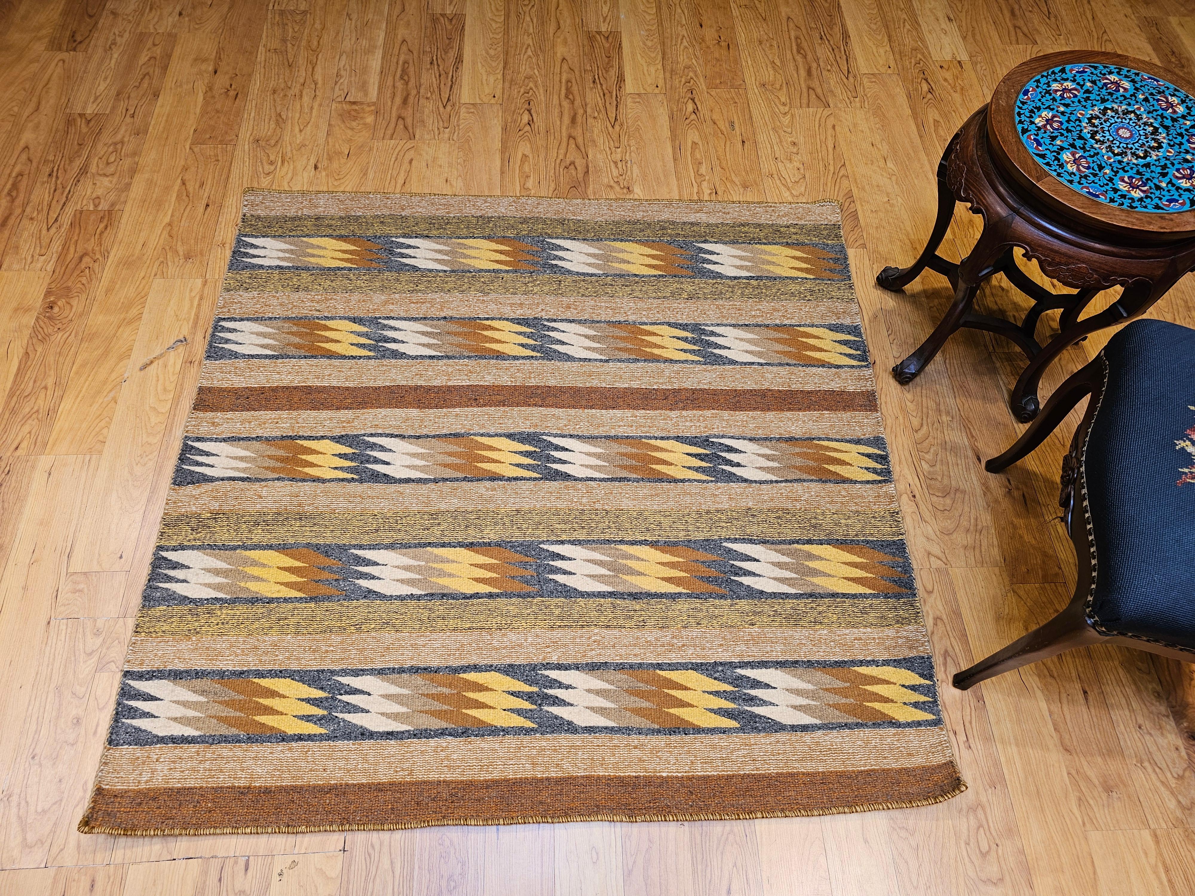 Vintage Native American Navajo Square Rug in Ivory, Yellow, Rust, Blue, Black For Sale 5