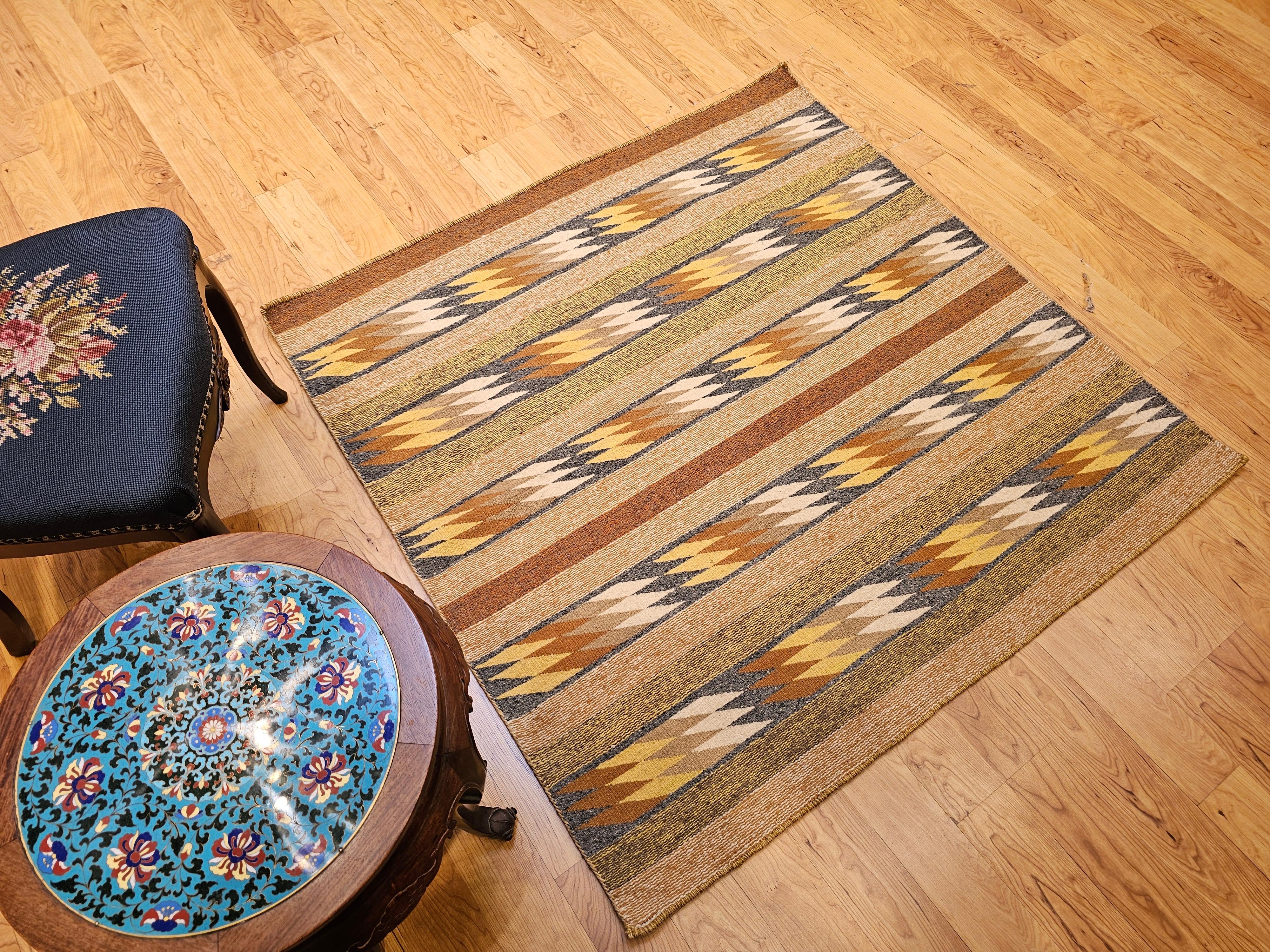 Vintage Native American Navajo Square Rug in Ivory, Yellow, Rust, Blue, Black For Sale 7