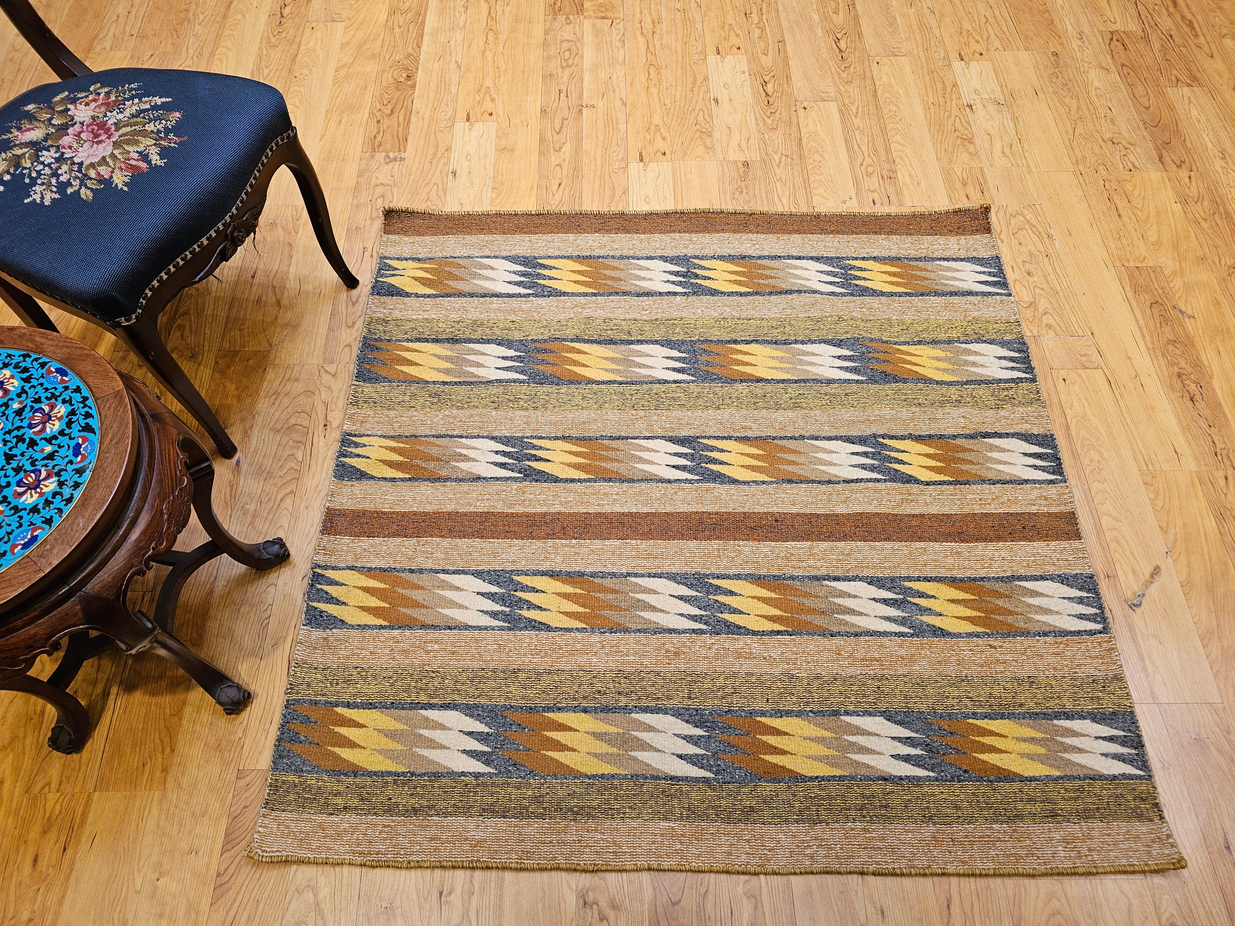 Vintage Native American Navajo Square Rug in Ivory, Yellow, Rust, Blue, Black For Sale 8