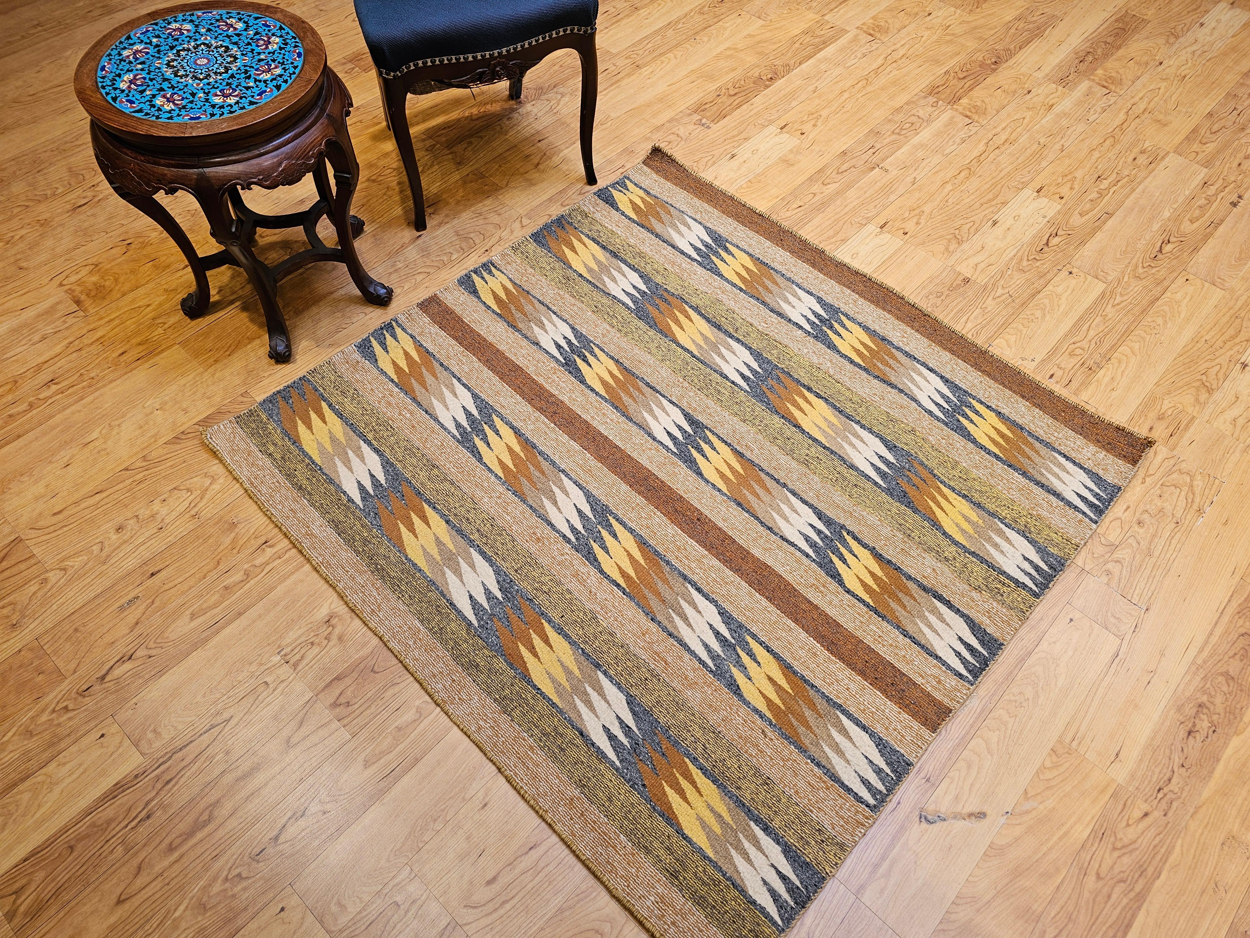 Vintage Native American Navajo Square Rug in Ivory, Yellow, Rust, Blue, Black For Sale 9