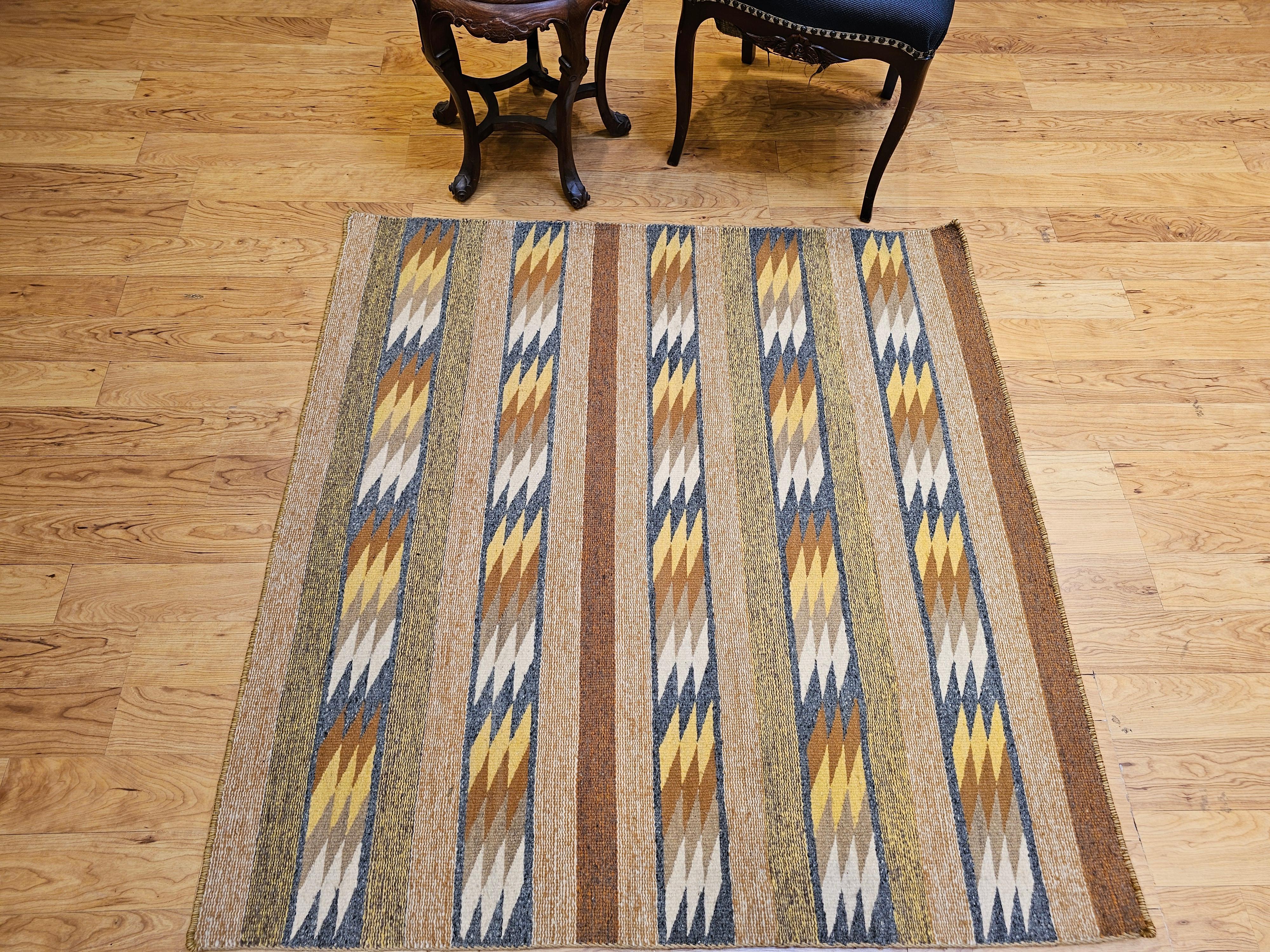 Vintage Native American Navajo Square Rug in Ivory, Yellow, Rust, Blue, Black For Sale 6