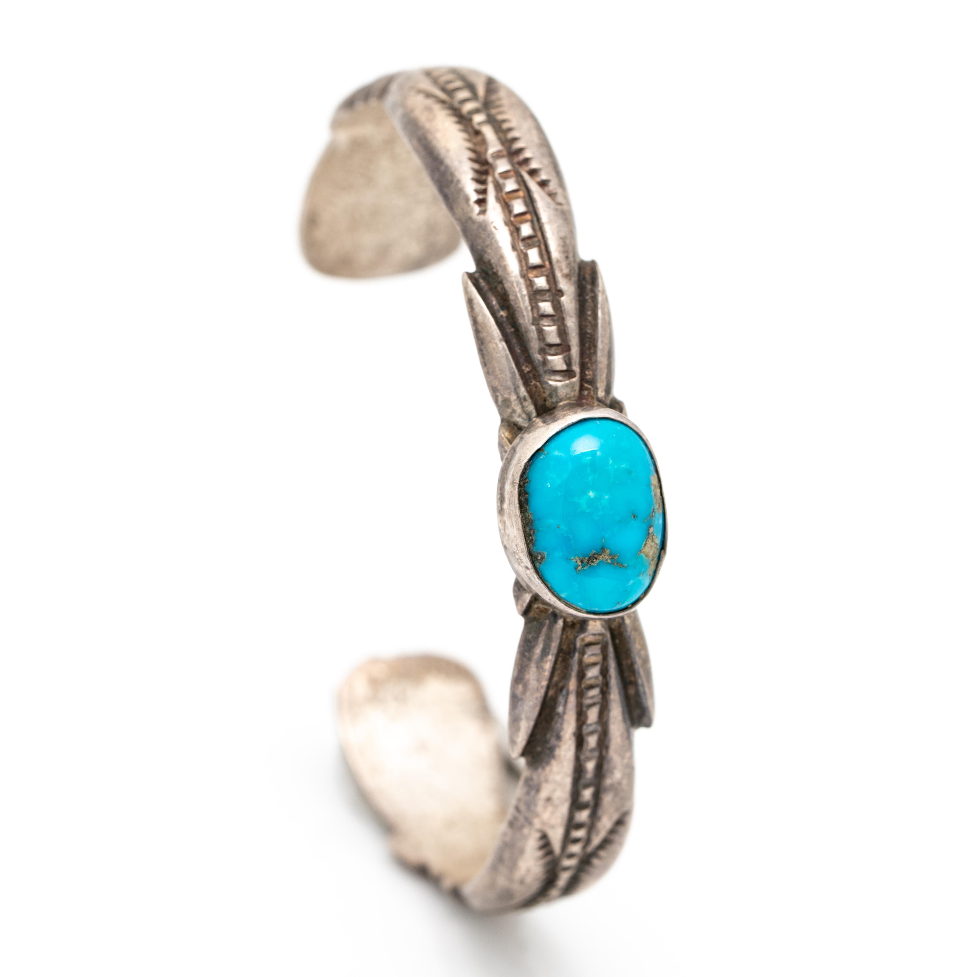 Vintage Native American Navajo Sterling and Turquoise Bracelet Cuff c.1940s
Hand engraved and hand forged. A wonderful stacking cuff!

The patina of the silver is oxidized, we do not clean vintage and antique silver pieces as some clients prefer