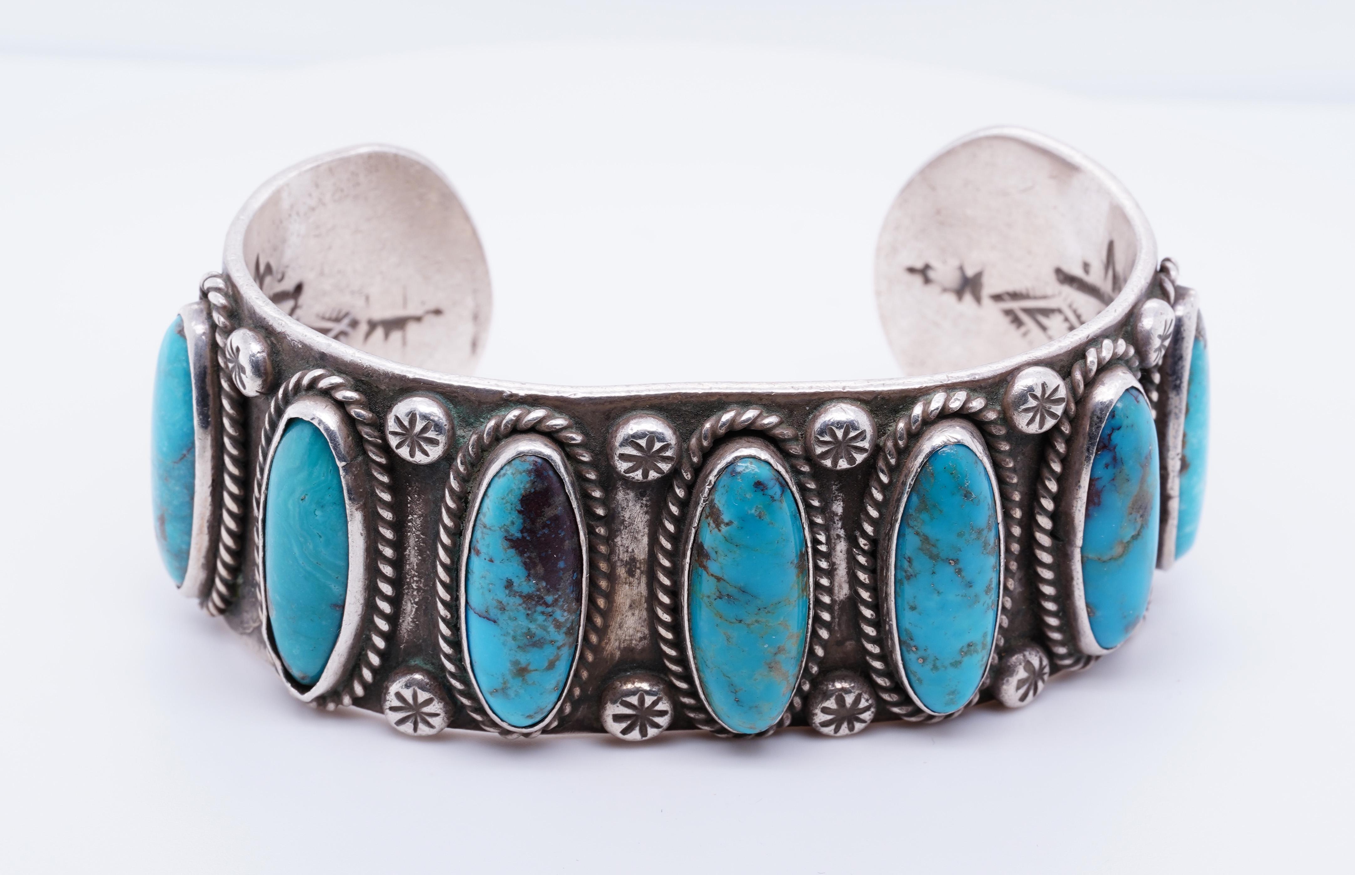 Vintage Native American Navajo Sterling Cuff Blue Ridge Oval Turquoise ...