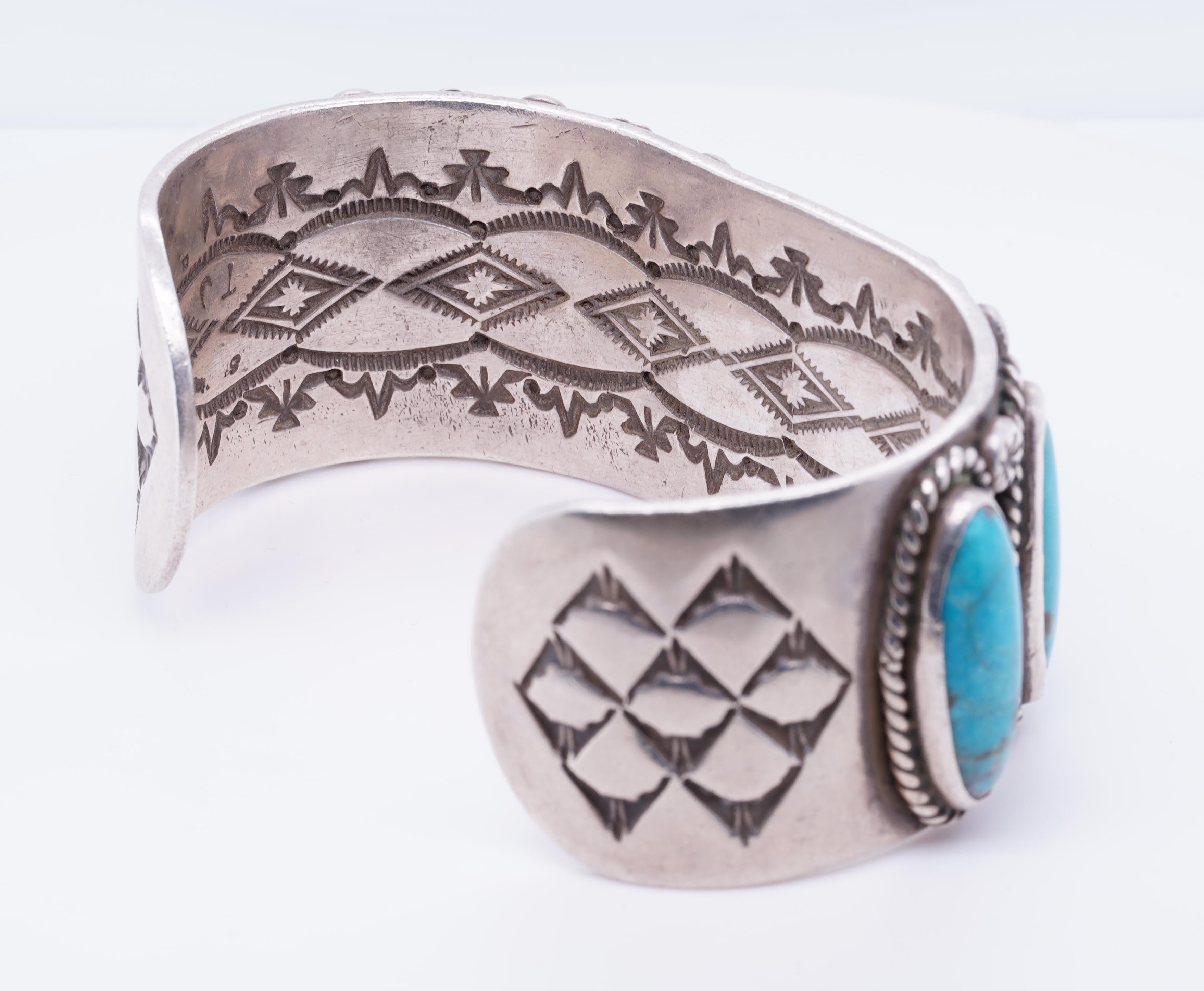 Vintage Native American Navajo Sterling Cuff Blue Ridge Oval Turquoise ...