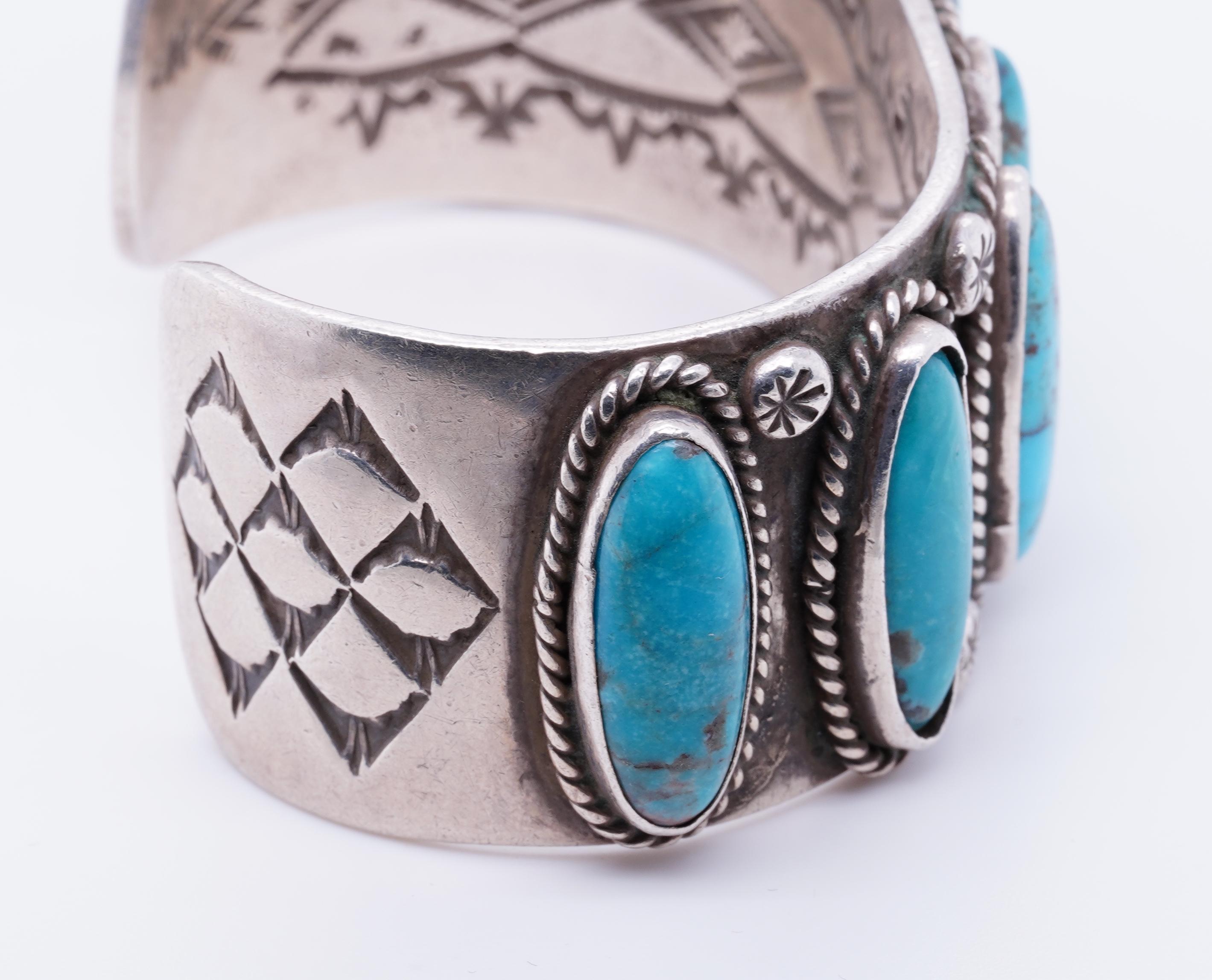 Vintage Native American Navajo Sterling Cuff Blue Ridge Oval Turquoise ...