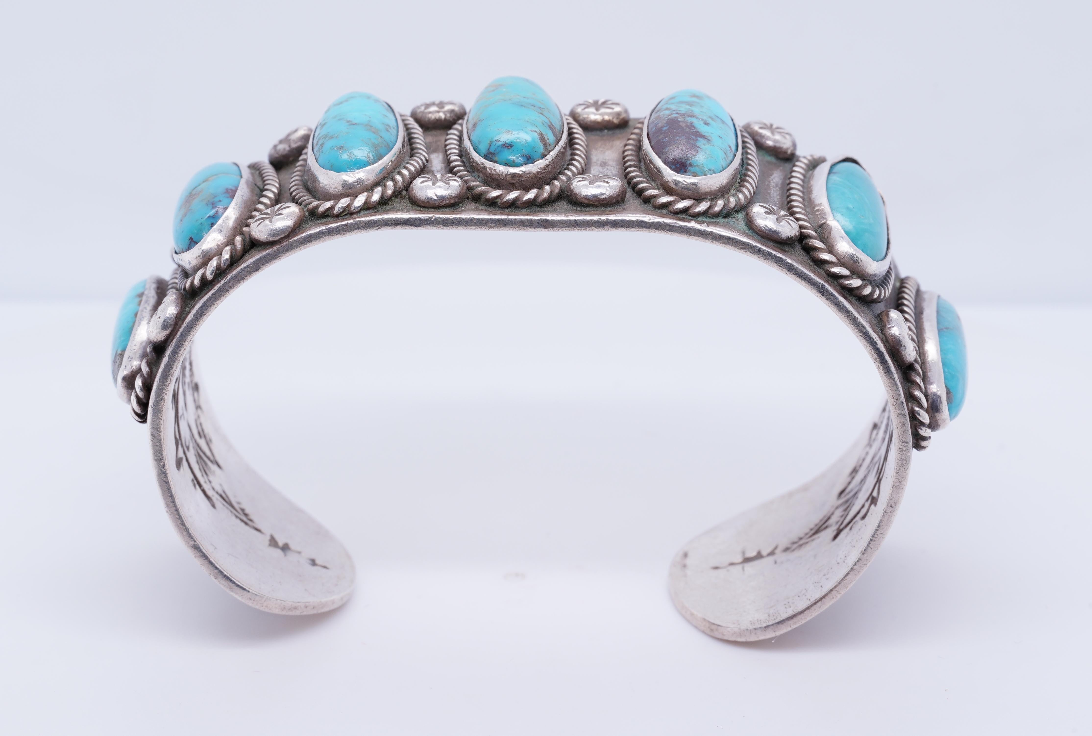 Vintage Native American Navajo Sterling Cuff Blue Ridge Oval Turquoise ...