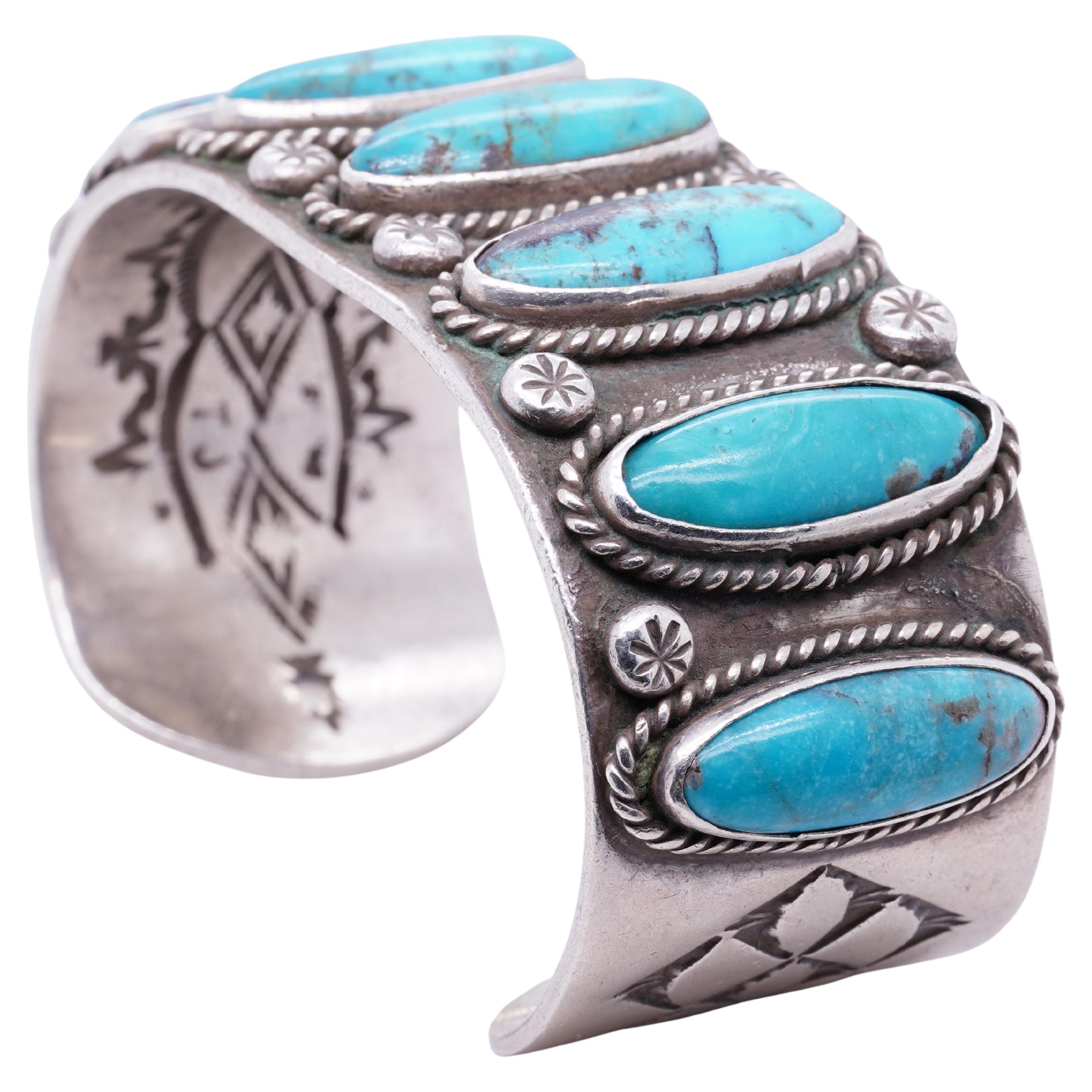 Vintage Native American Navajo Sterling Cuff Blue Ridge Oval Turquoise