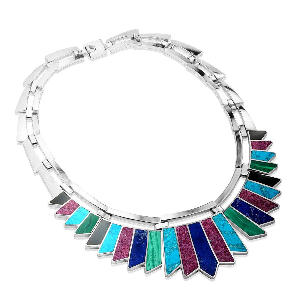 Simply Beautiful! Vintage Mid Century Modern Native American Navajo Sterling Silver 92m Multi Gem Choker Necklace. Centering Securely Hand set Onyx, Amethyst, Turquoise, Malachite and Lapis Lazuli stylized Arrows Link Choker Necklace. Exterior