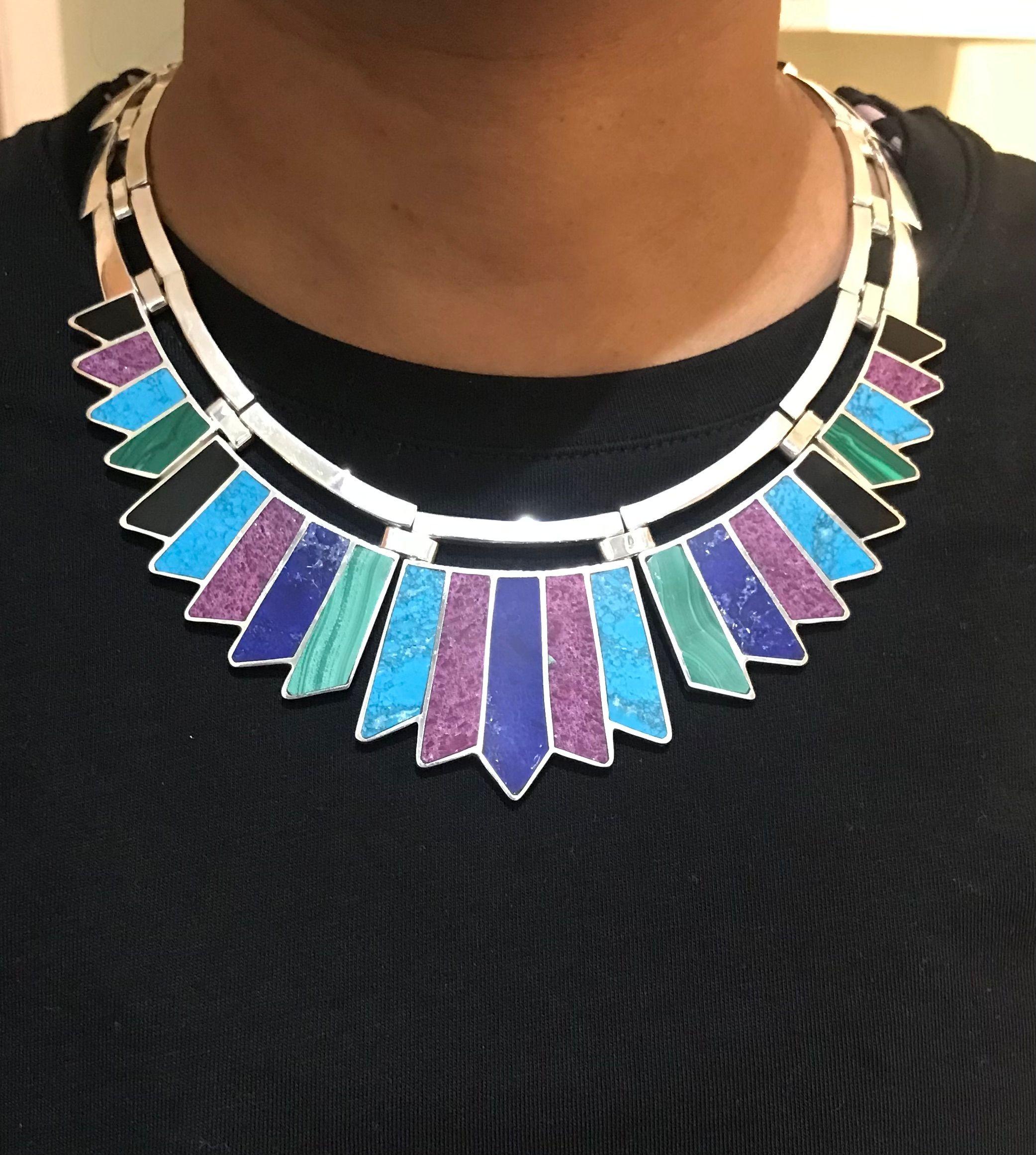 Modernist Vintage Native American Navajo Sterling Silver 925 Multi Gem Choker Necklace For Sale