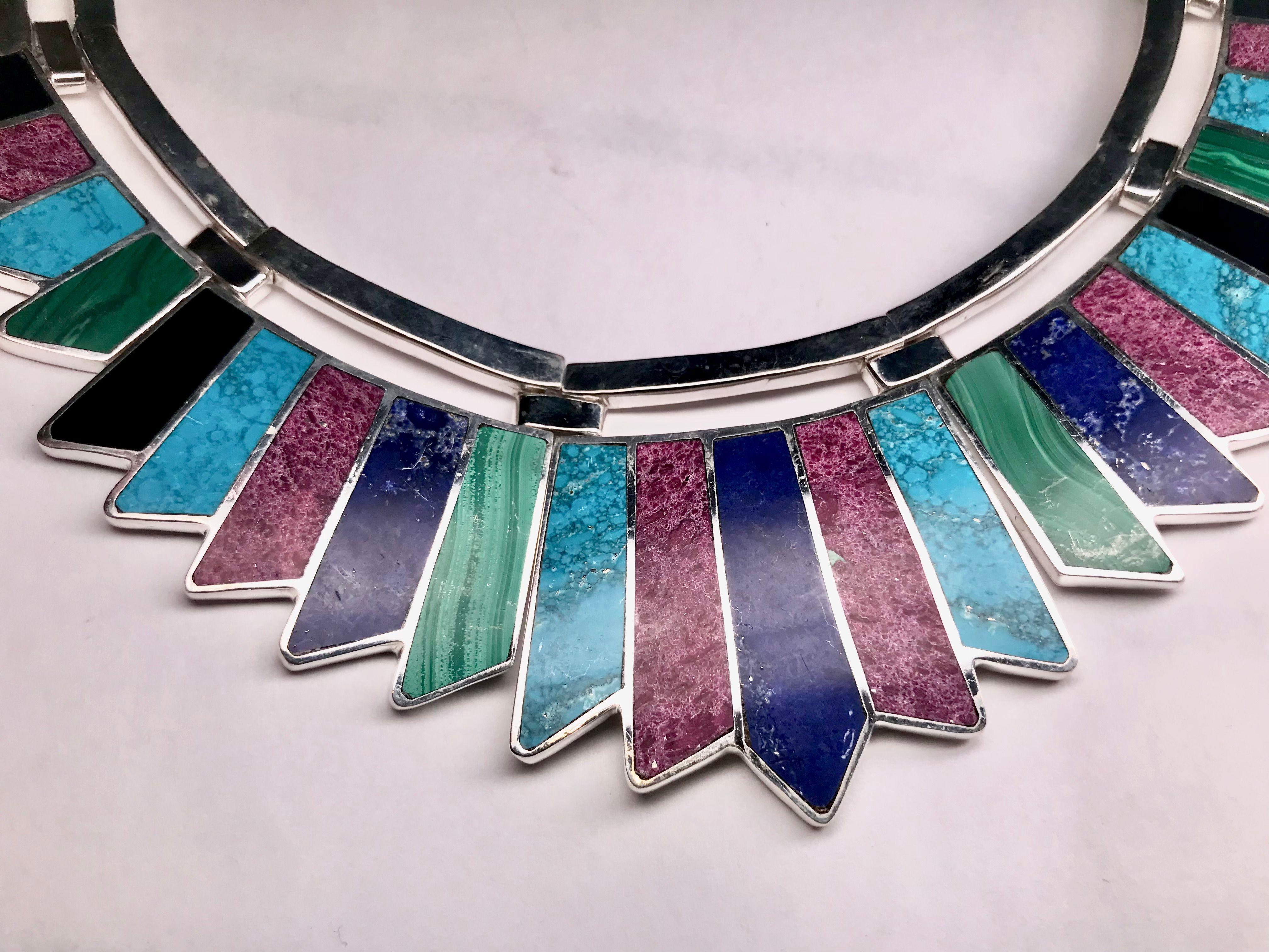 Vintage Native American Navajo Sterling Silver 925 Multi Gem Choker Necklace In Excellent Condition For Sale In Montreal, QC
