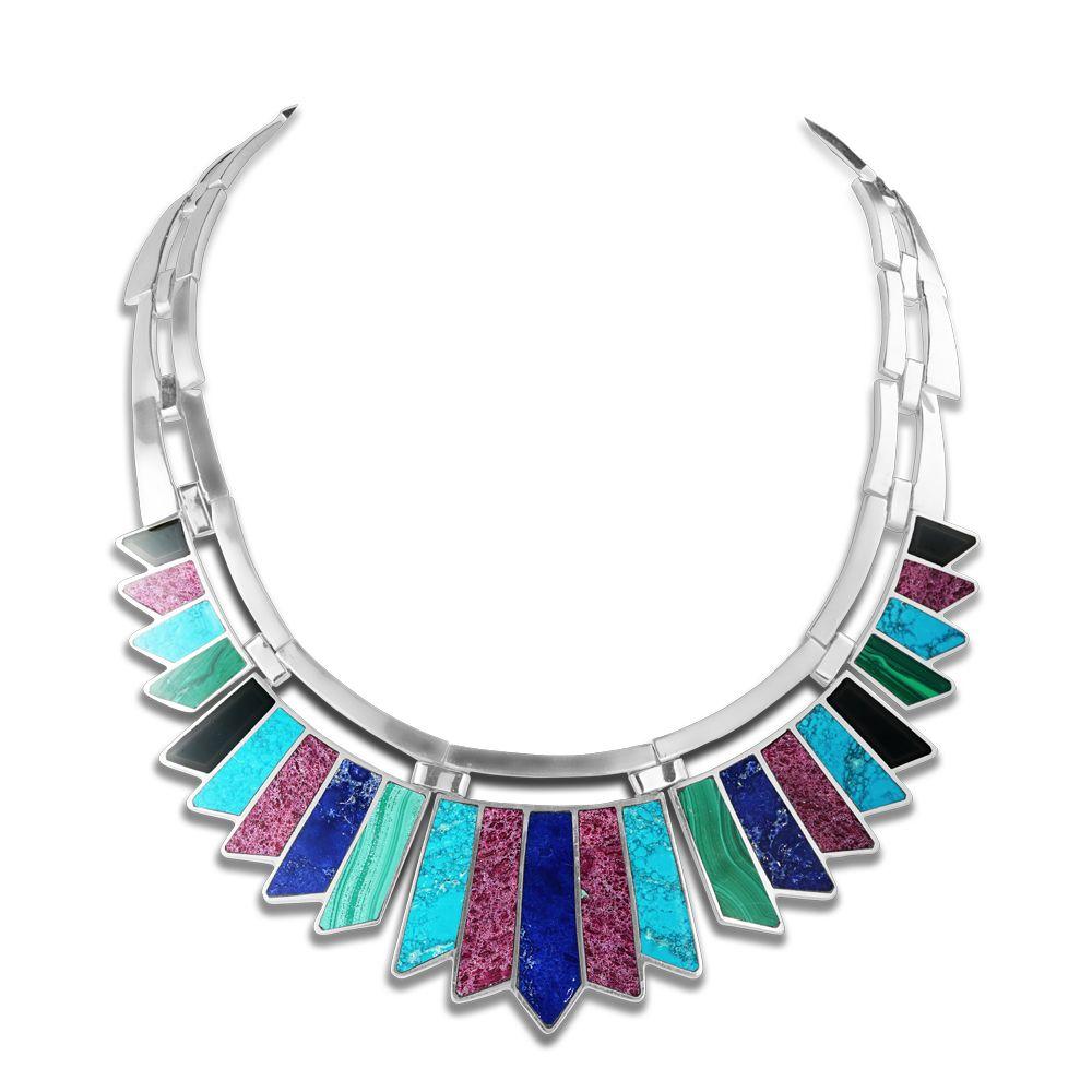 Women's Vintage Native American Navajo Sterling Silver 925 Multi Gem Choker Necklace For Sale