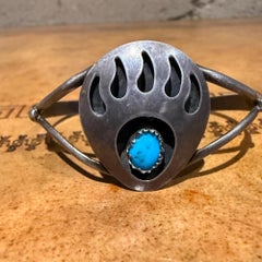Vintage Native American Navajo Sterling Silver and Turquoise Bear Paw Cuff Brace