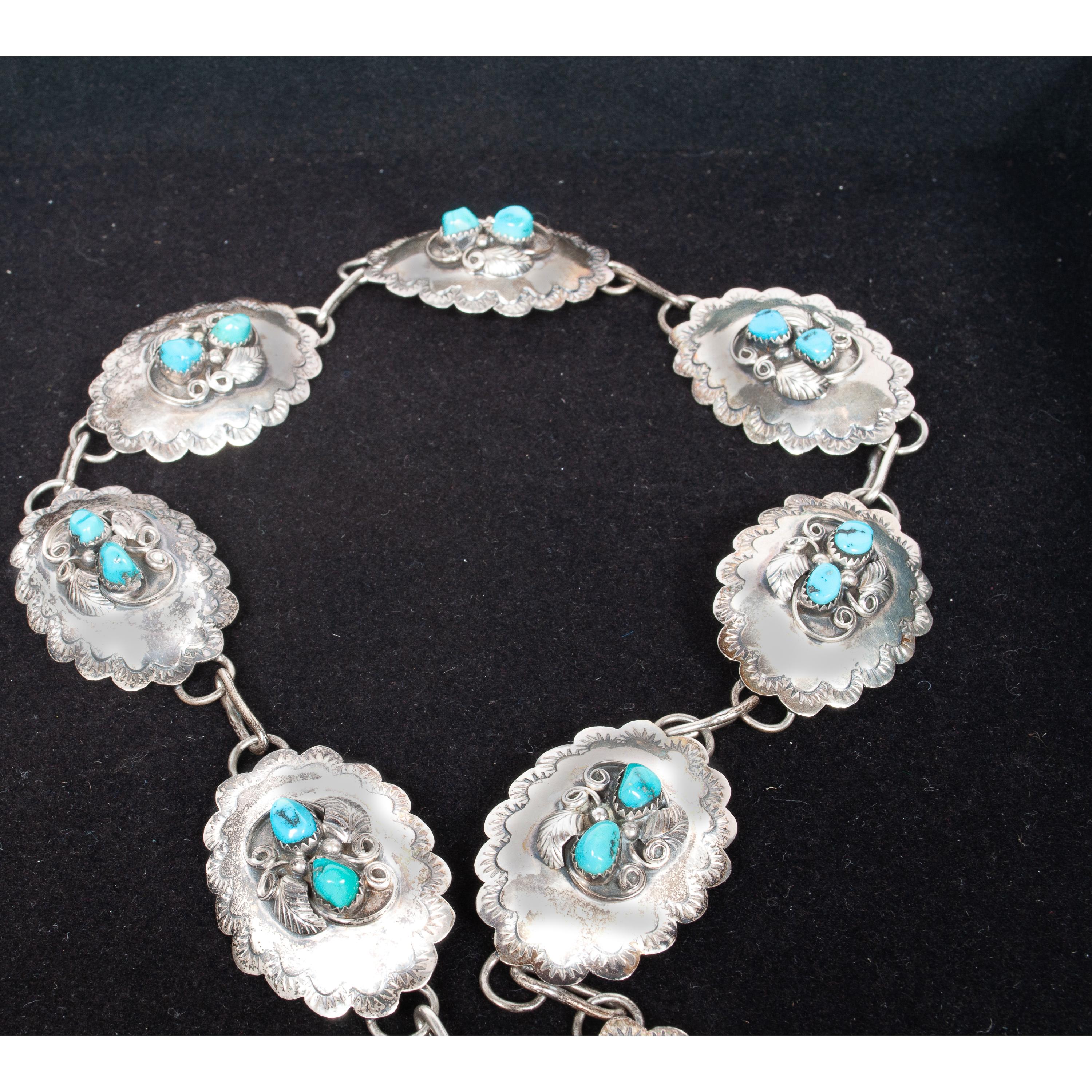 Navajo d'epoca in argento sterling e turchese blu, cintura concho 1950 in vendita 3
