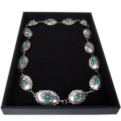 Vintage Native American Navajo Sterling Silver & Blue Turquoise Concho Belt 1950