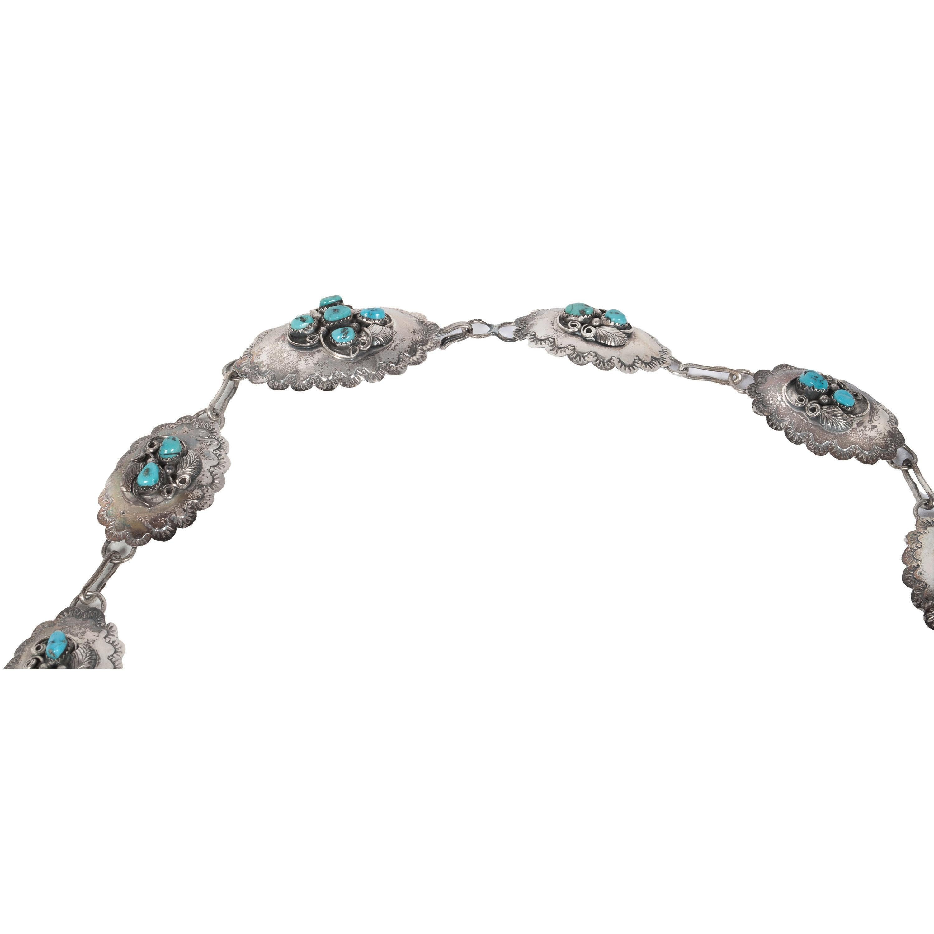 Argento 925 Navajo d'epoca in argento sterling e turchese blu, cintura concho 1950 in vendita