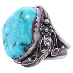 Vintage Native American Navajo Sterling Silver Bright Blue Turquoise Ring