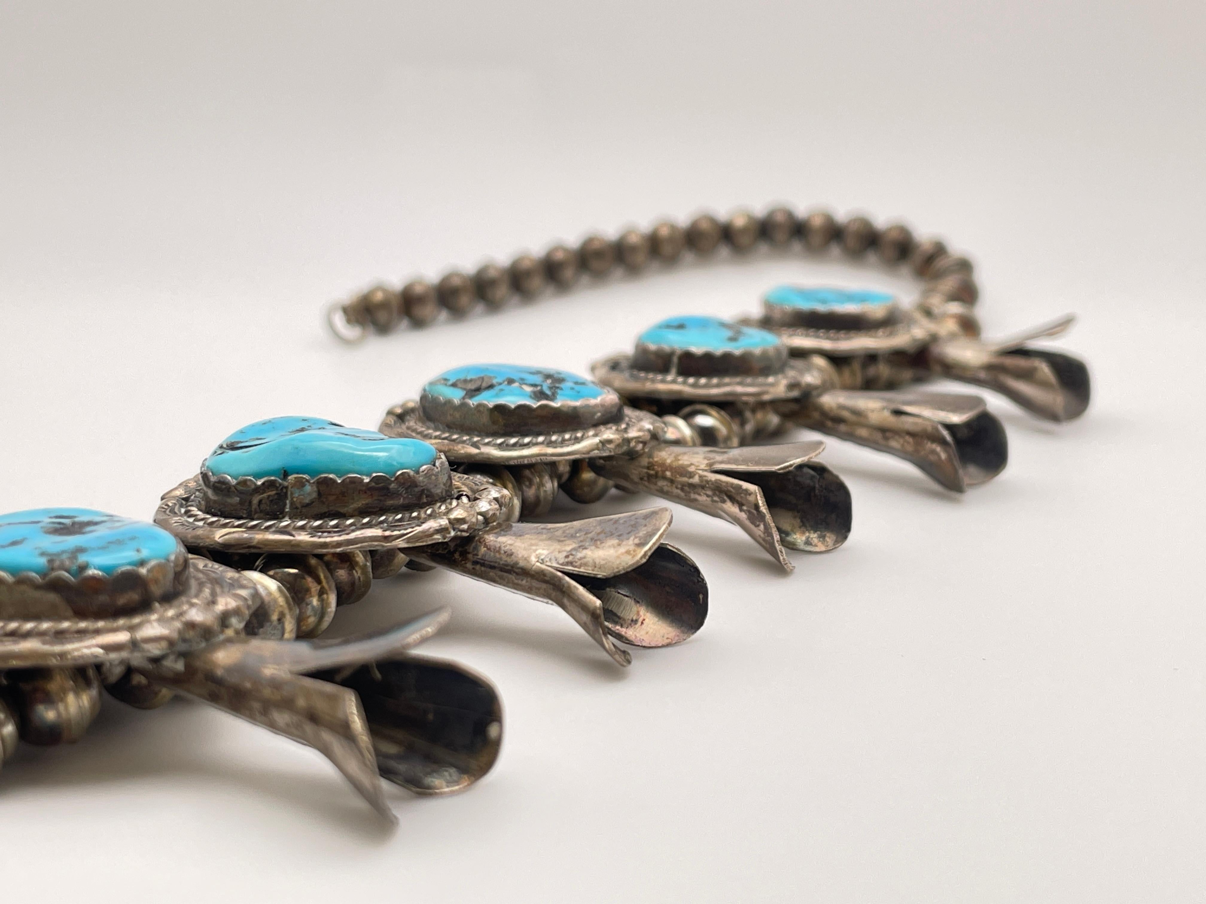 Vintage Native American Navajo Sterling Silver Horseshoe Squash Blossom Necklace For Sale 6
