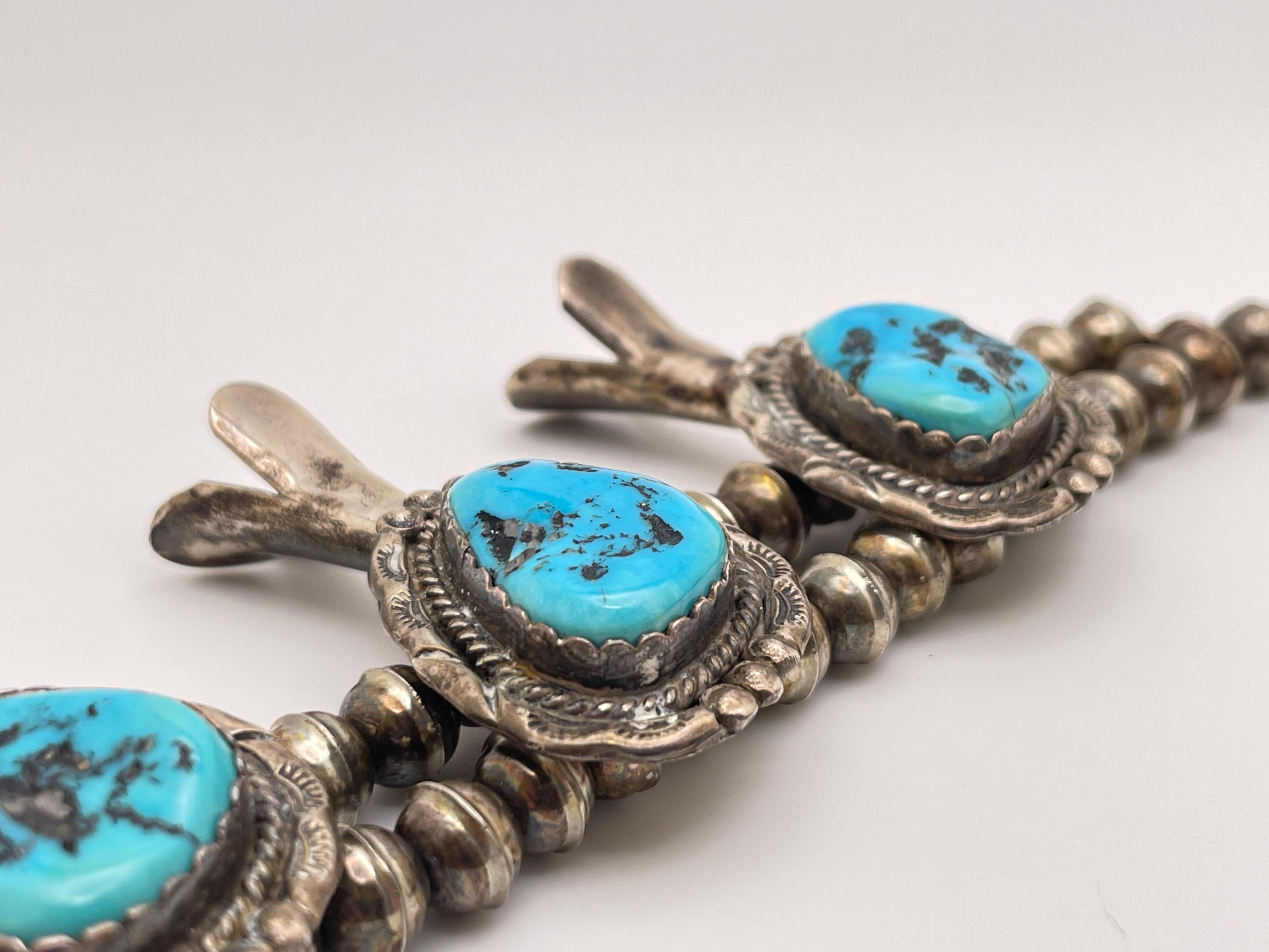 Vintage Native American Navajo Sterling Silver Horseshoe Squash Blossom Necklace For Sale 8