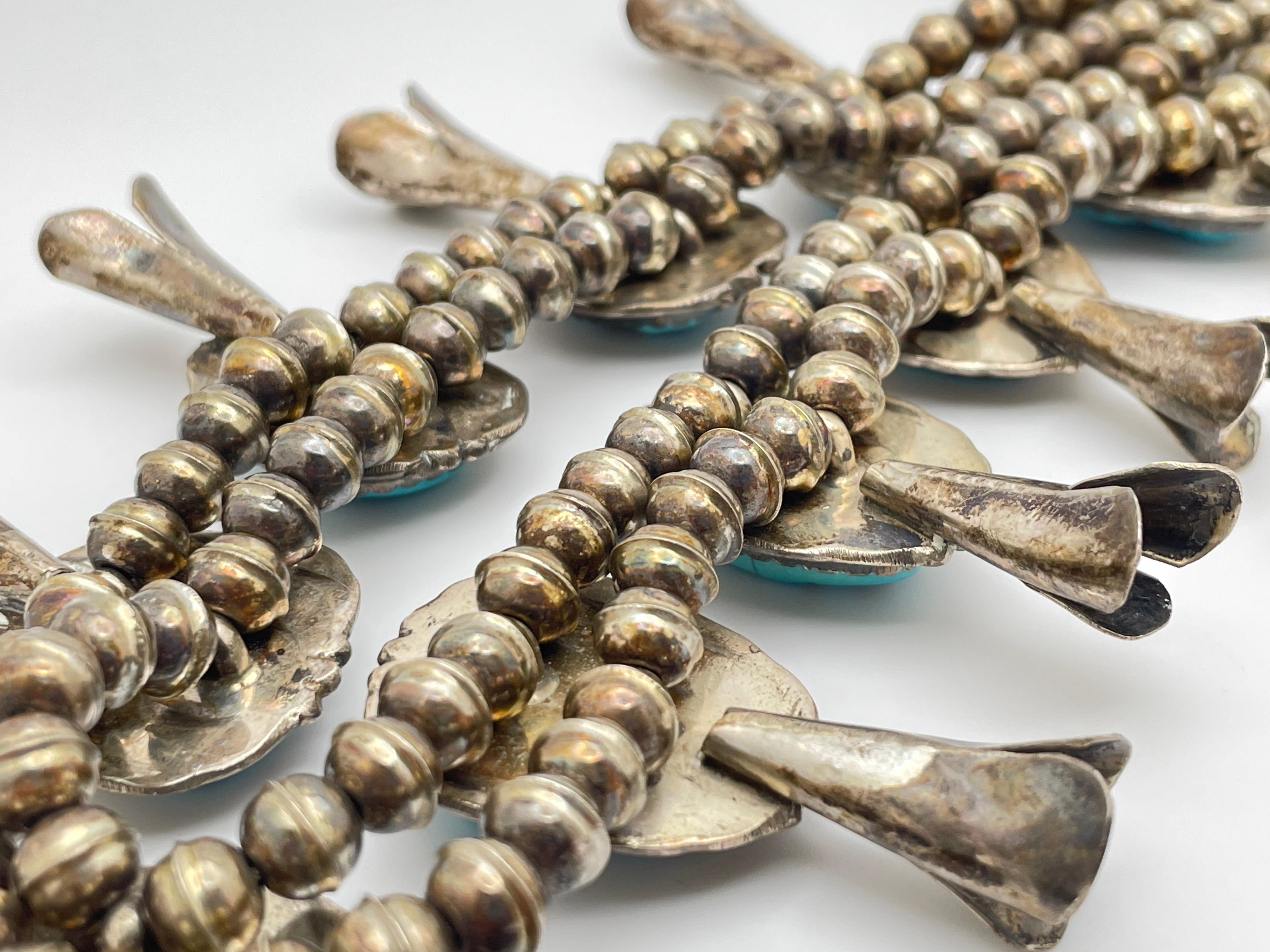Vintage Native American Navajo Sterling Silver Horseshoe Squash Blossom Necklace For Sale 11